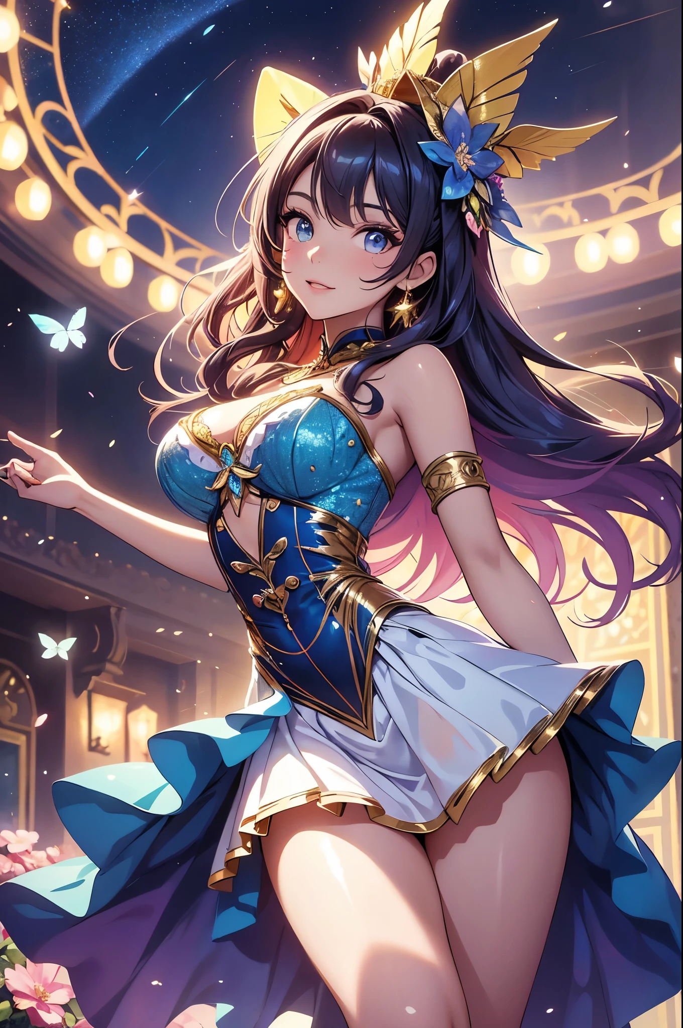 (best quality,4k,8k,highres,masterpiece:1.2),ultra-detailed,(realistic,photorealistic,photo-realistic:1.37),acrylic painting,beautiful Brazilian model in a ta dress with downy hair,beautiful Brazilian model with extremely colorful hair and detailed facial features,beautiful Brazilian model standing in a beautiful garden surrounded by a starry sky,beautiful Brazilian model wearing a vibrant Loliress,beautiful Brazilian model with intricate accessories and a matching hat,beautiful Brazilian model posing gracefully with her hands on her hips,beautiful Brazilian model with long flowing twintails,beautiful Brazilian model with bright blue eyes and rosy lips,beautiful Brazilian model with a joyful expression,beautiful Brazilian model in a dynamic pose with cherry blossoms falling around her,beautiful Brazilian model surrounded by colorful flowers and butterflies,beautiful Brazilian model's dress adorned with cute bows and lace details,beautiful Brazilian model with an enchanting smile,beautiful Brazilian model with soft, pastel-colored shading,beautiful Brazilian model with a magical glow illuminating her,beautiful Brazilian model in a picturesque setting with a winding path leading to a magnificent castle,beautiful Brazilian model holding a microphone and singing passionately,beautiful Brazilian model with a fairytale-like background,beautiful Brazilian model with a soft, dreamy atmosphere,beautiful Brazilian model with a subtle bokeh effect,beautiful Brazilian model standing under a moonlit sky,beautiful Brazilian model with a warm, golden sunset in the background,beautiful Brazilian model surrounded by twinkling stars and colorful nebulae,creating an ethereal and captivating artistic masterpiece.