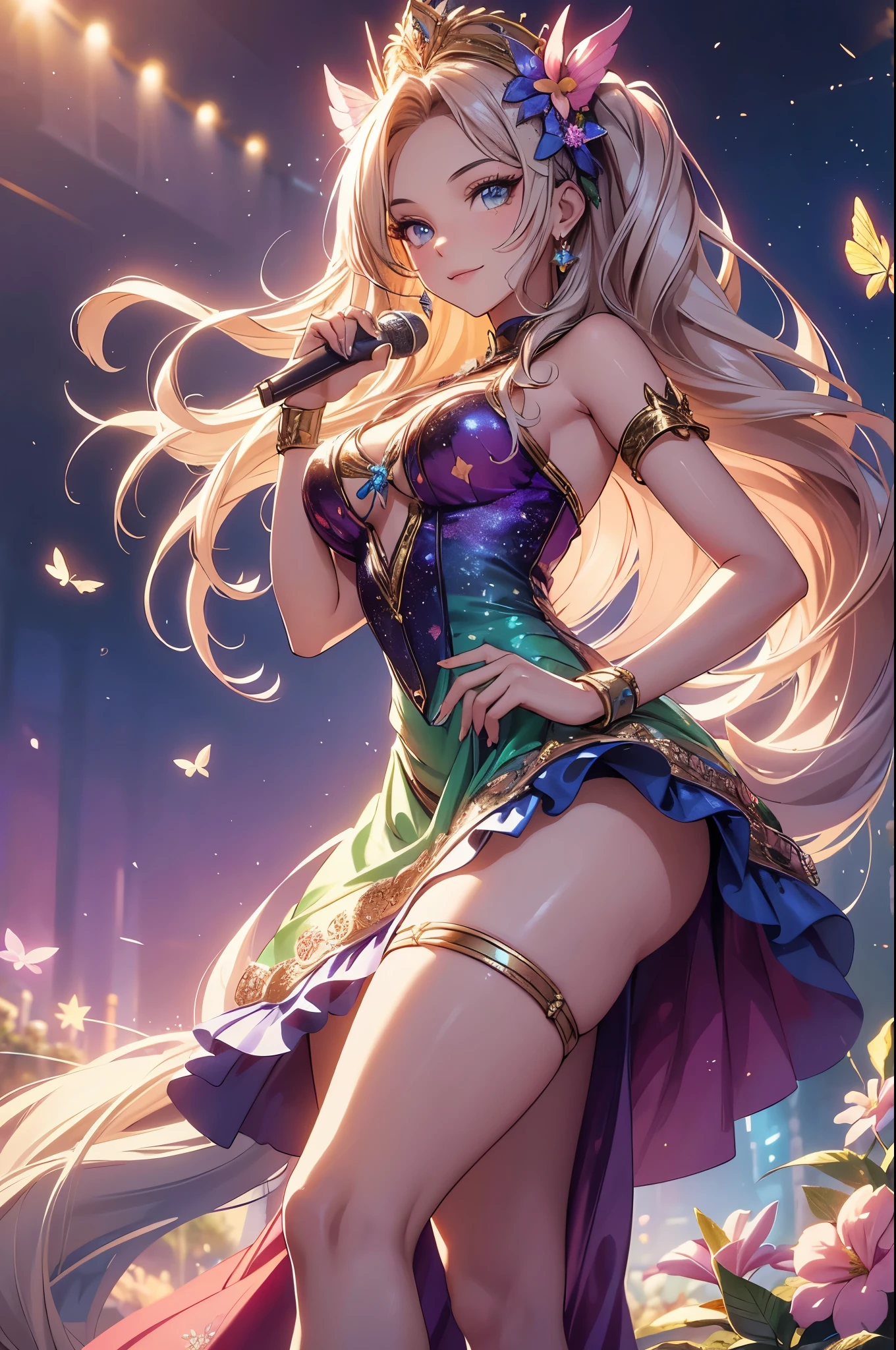 (best quality,4k,8k,highres,masterpiece:1.2),ultra-detailed,(realistic,photorealistic,photo-realistic:1.37),acrylic painting,beautiful Brazilian model in a Lolita dress with downy hair,beautiful Brazilian model with extremely colorful hair and detailed facial features,beautiful Brazilian model standing in a beautiful garden surrounded by a starry sky,beautiful Brazilian model wearing a vibrant Lolita dress,beautiful Brazilian model with intricate accessories and a matching hat,beautiful Brazilian model posing gracefully with her hands on her hips,beautiful Brazilian model with long flowing twintails,beautiful Brazilian model with bright blue eyes and rosy lips,beautiful Brazilian model with a joyful expression,beautiful Brazilian model in a dynamic pose with cherry blossoms falling around her,beautiful Brazilian model surrounded by colorful flowers and butterflies,beautiful Brazilian model's dress adorned with cute bows and lace details,beautiful Brazilian model with an enchanting smile,beautiful Brazilian model with soft, pastel-colored shading,beautiful Brazilian model with a magical glow illuminating her,beautiful Brazilian model in a picturesque setting with a winding path leading to a magnificent castle,beautiful Brazilian model holding a microphone and singing passionately,beautiful Brazilian model with a fairytale-like background,beautiful Brazilian model with a soft, dreamy atmosphere,beautiful Brazilian model with a subtle bokeh effect,beautiful Brazilian model standing under a moonlit sky,beautiful Brazilian model with a warm, golden sunset in the background,beautiful Brazilian model surrounded by twinkling stars and colorful nebulae,creating an ethereal and captivating artistic masterpiece.