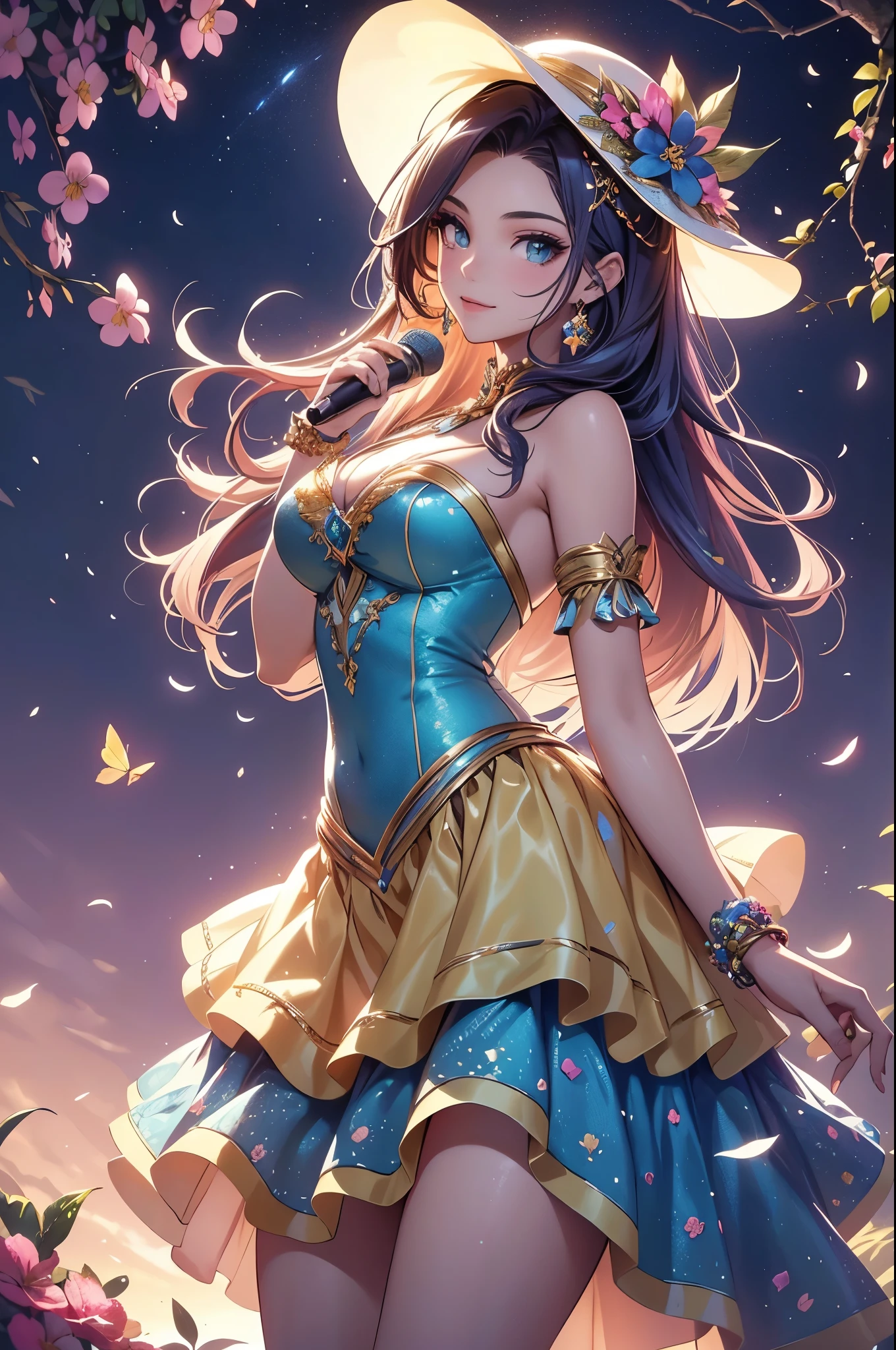  (best quality,4k,8k,highres,masterpiece:1.2),ultra-detailed,(realistic,photorealistic,photo-realistic:1.37),acrylic painting,beautiful Brazilian model in a Lolita dress with downy hair,beautiful Brazilian model with extremely colorful hair and detailed facial features,beautiful Brazilian model standing in a beautiful garden surrounded by a starry sky,beautiful Brazilian model wearing a vibrant Lolita dress,beautiful Brazilian model with intricate accessories and a matching hat,beautiful Brazilian model posing gracefully with her hands on her hips,beautiful Brazilian model with long flowing twintails,beautiful Brazilian model with bright blue eyes and rosy lips,beautiful Brazilian model with a joyful expression,beautiful Brazilian model in a dynamic pose with cherry blossoms falling around her,beautiful Brazilian model surrounded by colorful flowers and butterflies,beautiful Brazilian model's dress adorned with cute bows and lace details,beautiful Brazilian model with an enchanting smile,beautiful Brazilian model with soft, pastel-colored shading,beautiful Brazilian model with a magical glow illuminating her,beautiful Brazilian model in a picturesque setting with a winding path leading to a magnificent castle,beautiful Brazilian model holding a microphone and singing passionately,beautiful Brazilian model with a fairytale-like background,beautiful Brazilian model with a soft, dreamy atmosphere,beautiful Brazilian model with a subtle bokeh effect,beautiful Brazilian model standing under a moonlit sky,beautiful Brazilian model with a warm, golden sunset in the background,beautiful Brazilian model surrounded by twinkling stars and colorful nebulae,creating an ethereal and captivating artistic masterpiece. 