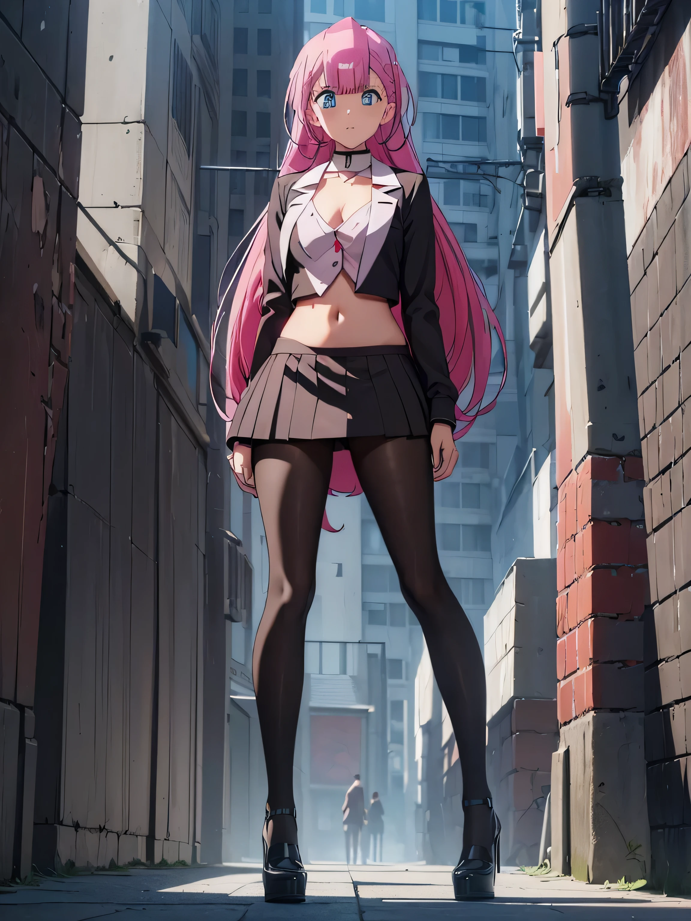 (masterpiece, top quality, highly detailed, 16k anime high resolution, anime style, clean brush strokes, highly detailed, anatomically perfect body), ((mafuyu kirisu)), solo, sexy, perfect Face, beautiful smile, long hair, pink hair, braids, beautifully detailed eyes, blue eyes, hair between the eyes, glamorous body, high body, (large chest: 1.8), (jacket, black), (white Y Shirt, long sleeves), (red skirt, skirt, suit), brown pantyhose, black high heels, toned stomach, wide hips: 1.0, (big butt: 1.2), tall, plump legs, long legs, ( Standing, front), (stretching legs and kicking, forward, legs apart), forward, (city background, crowd), low angle photo,