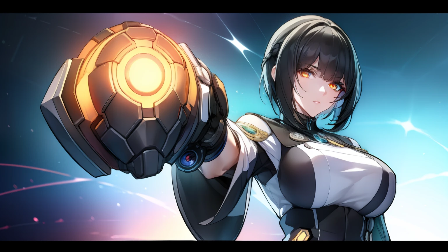 1female, black hair, beautiful face, orange eyes, medium hair, medium breast, futuristic, visual novel cg style, BREAK looking at viewer, BREAK (masterpiece:1.2), best quality, high resolution, unity' 8k wallpaper, (illustration:0.8), (beautiful detailed eyes:1.6), extremely detailed face, perfect lighting, extremely detailed CG, (perfect hands, perfect anatomy)