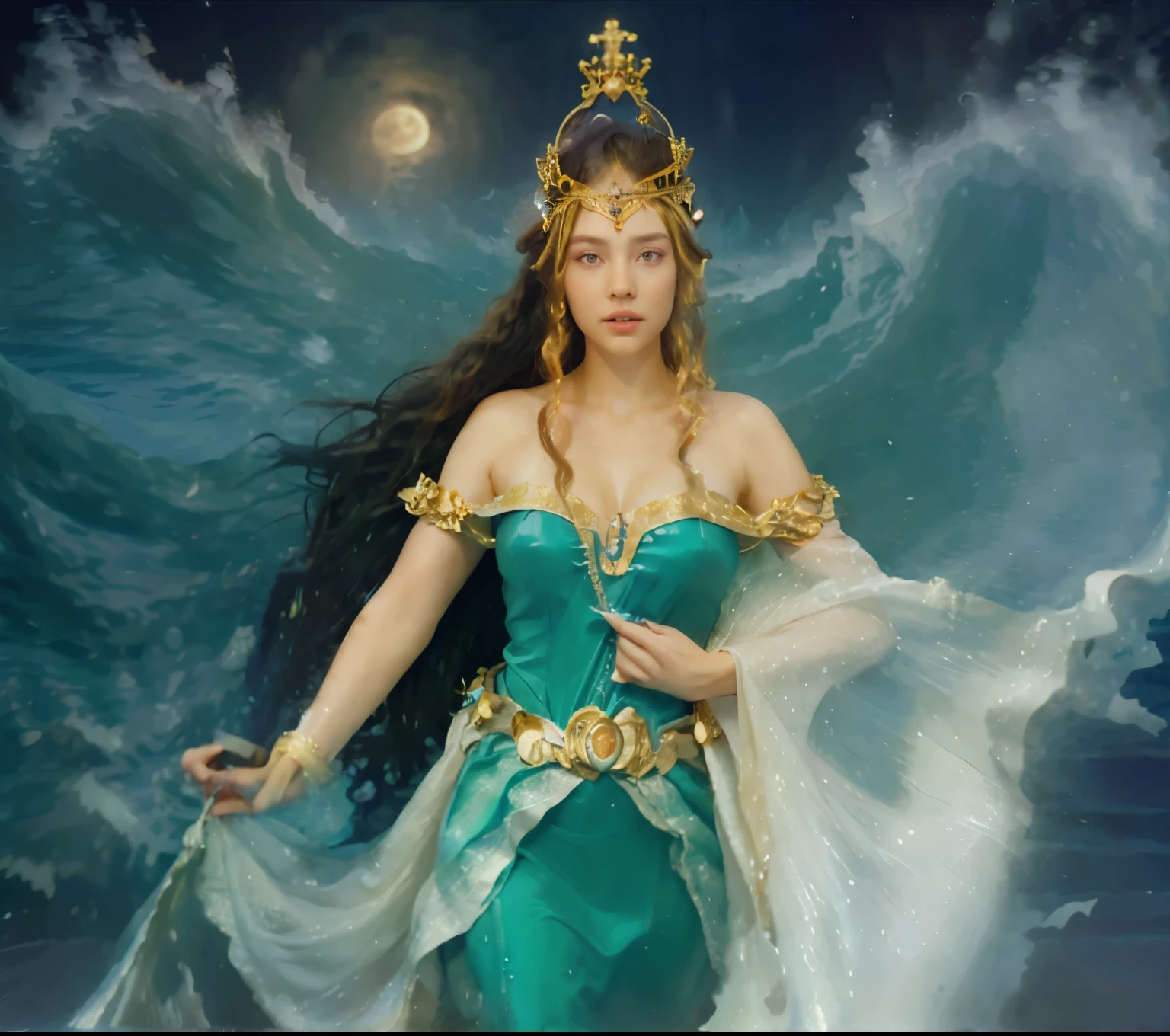 beautiful woman open eyes with crown in the middle of the sea, realistic, long hair, huge wave storm, night, moon, water bending, foggy, aura energy, 4k, hyper detailed.