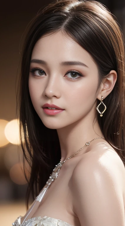 8k, Tabletop, RAW Photos, highest quality, Realistic, Highly detailed CG Unity 8k wallpaper, Written boundary depth, Cinematic Light, Lens flare, Ray Tracing, (Very beautiful face, Beautiful Lips, Beautiful Eyes), Intricately detailed faces, ((Highly detailed skin)) 1 female, In the Dark, Deep Shadow, cute, ((Looking at the audience)), (A captivating smile), (Blurred Background), Earrings, bracelet, necklace, Clear Eyes, Bedroom, Front shot, (Pale skin), I'm looking forward to, (Big eyes), ((Short corset)), (Camel Toe, shape), (Hair Bun), (Big Breasts:1.3), ((smile)), ((Camel Toe)),