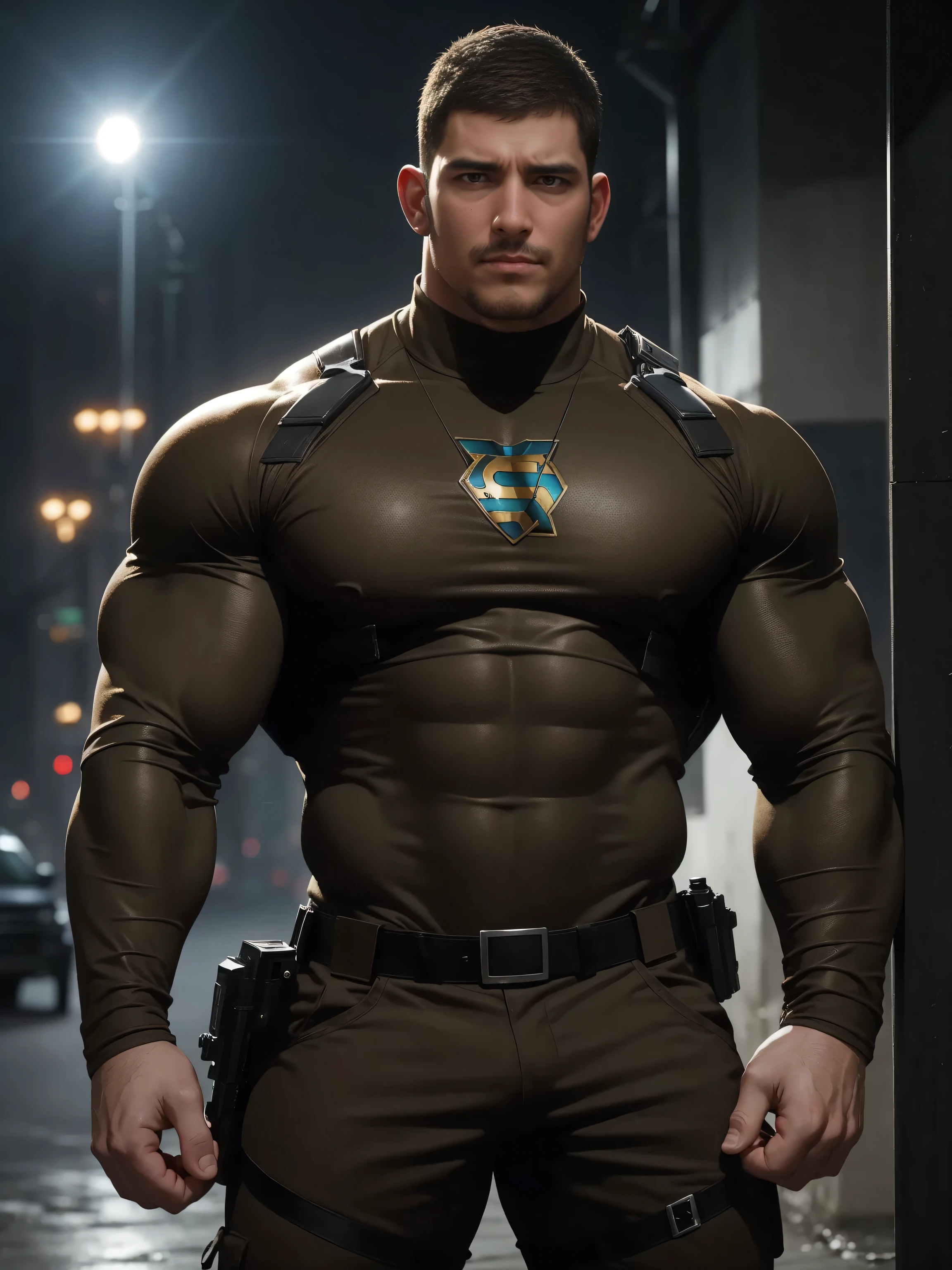 One Tall giant muscular police officer,  On the outdoor street, Wear a brown superhero bodysuit with long sleeves, The expression is arrogant, Lift your chin, Messy hair, Thick thighs, Brown Superhero Bodysuit with Turtleneck and Long Sleeves, very tight, Regular symmetrical pattern, Highlight muscles, Police uniform pants, character concept（Resident Evil - Chris Redfield, Chris Redfield）A proud expression, Deep and charming eyes, Heroic male pose, tall Burly, muscular！muscular thighs, tough guy, perfect facial features, High, Burly, Heqiang, Super polished and cool, High Resolution Committee, Charismatic, The sun is blazing, dazzling