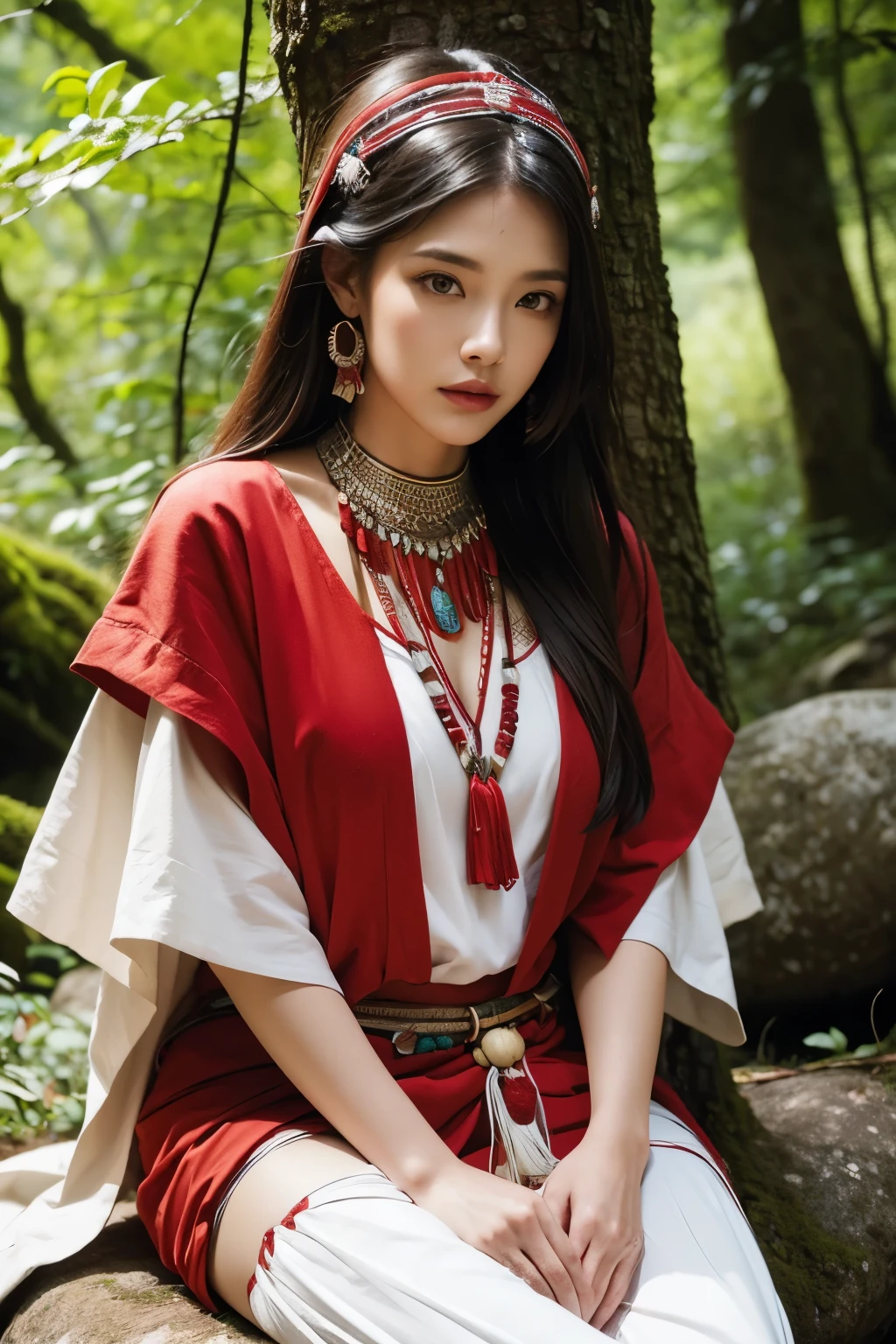 Background and model as is, Beautiful woman sitting quietly on a rock under a large tree in the forest, Dressed in red and white shaman clothes, magazine pose, (Highly detailed facial expressions),