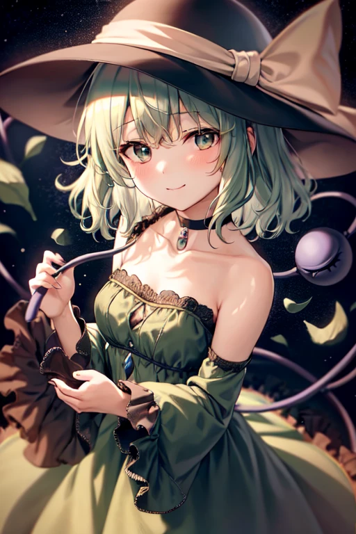 masterpiece, best quality, 1girl, solo, green eyes, komeiji koishi, hat, green hair, Nail Art, flower, blue flower, blue rose, rose, detached sleeves, short hair, bare shoulders, third eye, breasts, bow, smile, petals, dress, from side, medium breasts, looking at viewer, outdoors, black headwear, long sleeves, frills, cloud, wide sleeves, hat bow, closed mouth, choker, alternate costume, sky, black dress, white bow, blush, bangs, hair between eyes, flower field, frilled sleeves, field, strapless, eyeball, white skirt, cloudy sky, hat ribbon, ribbon, strapless dress, detached collar, adapted costume, standing, cowboy shot, upper body