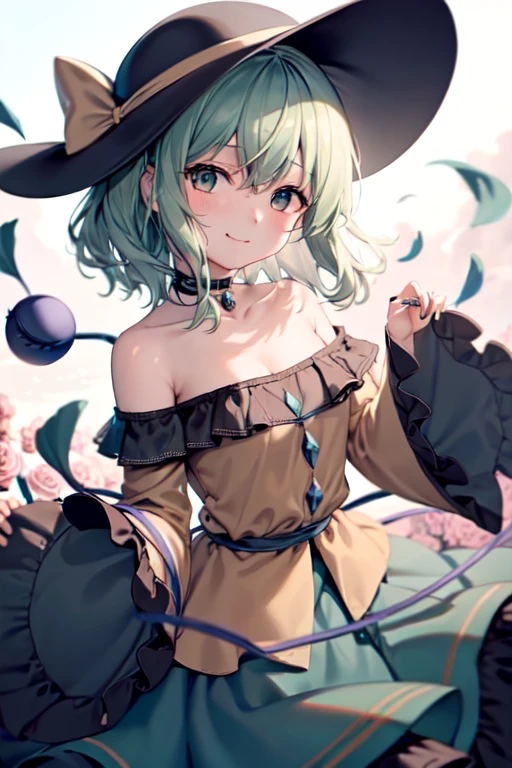 masterpiece, best quality, 1girl, solo, green eyes, komeiji koishi, hat, green hair, Nail Art, flower, blue flower, blue rose, rose, detached sleeves, short hair, bare shoulders, third eye, breasts, bow, smile, petals, dress, from side, medium breasts, looking at viewer, outdoors, black headwear, long sleeves, frills, cloud, wide sleeves, hat bow, closed mouth, choker, alternate costume, sky, black dress, white bow, blush, bangs, hair between eyes, flower field, frilled sleeves, field, strapless, eyeball, white skirt, cloudy sky, hat ribbon, ribbon, strapless dress, detached collar, adapted costume, standing, cowboy shot, upper body