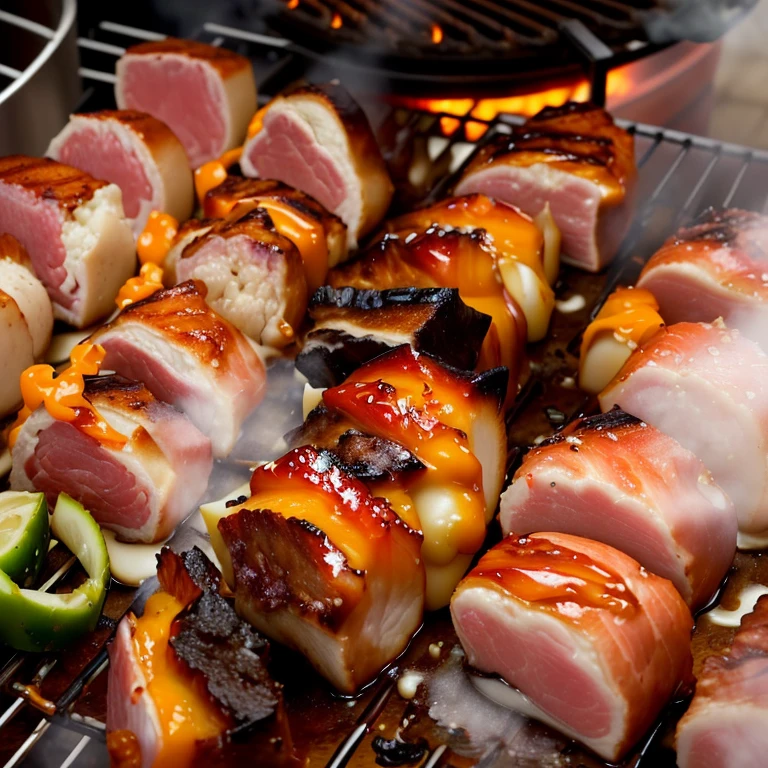 araffy meat and vegetable strings cooking on a grill, string, kebab, barbecue, Brazilian, Ready, hajime katoki, grill, 10mm, 10mm, 10mm, Monica, pork, sausage, Drooling, Smokey, !!beautiful!!, inspired by Géza Dósa, pork meat, beef