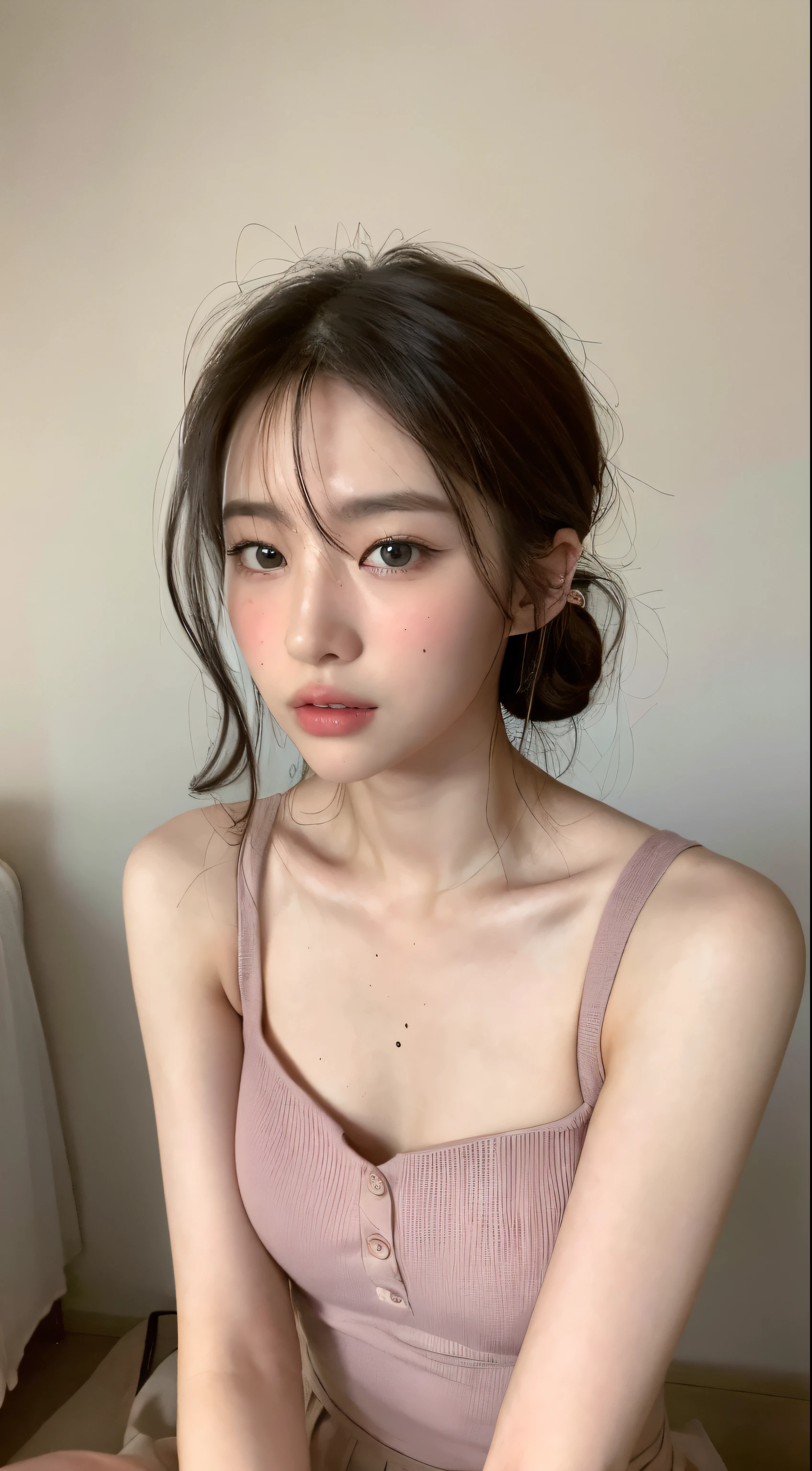 ((Top quality、8k、masterpiece:1.3))、Beauty、Hidden Face、1 Girl、Beauty:1.3、Slim abdominal muscles:1.1、camisole、Feel free to hairstyle、tiny tits(Sitting on the bed)、Ultra-fine face、Very detailed lips、Delicate eyes、Double eyelids、Expose small cleavage、