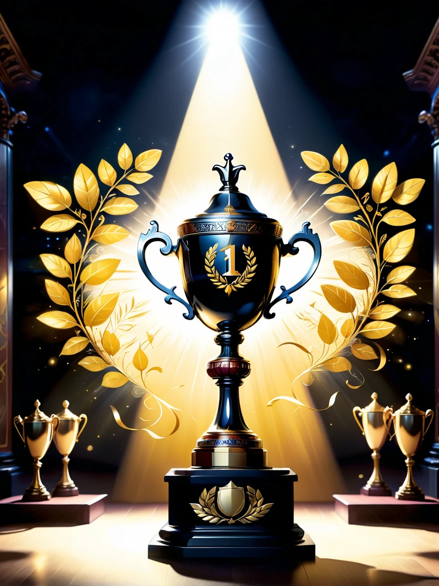 Design related to a champion. The image should depict a golden trophy adorned with laurel leaves, symbolic of victory and achievement. In the background, a giant number one, shining with radiant yellow light, symbolizing first place or victorious status. Complex arabesque designs etch the base of the trophy, highlighting the grandeur and magnificence of a champion's position. The scene is set on a grand podium with lights pointing towards the trophy, casting a dramatic shadow, emphasizing the importance of being a champion.