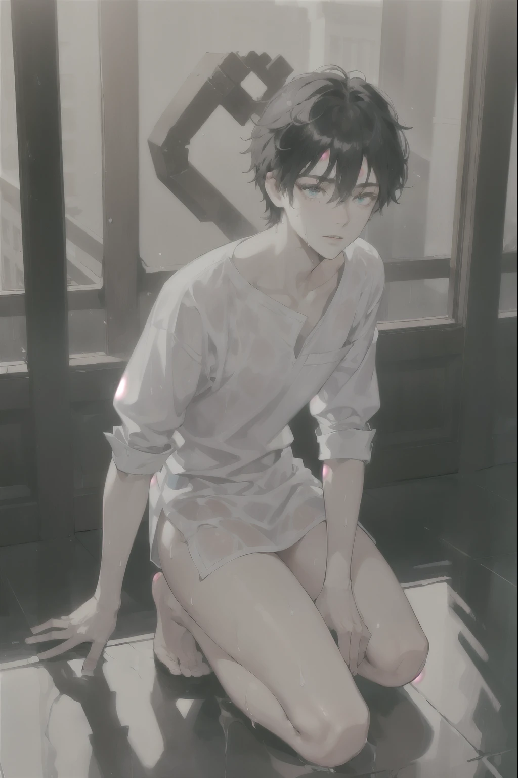 masterpiece, best quality, ultra detailed, solo man, male focus, ((Oblong face)), ((Square jawline)), black hair, ((hairs between eyes)), shoulder length, ((narrow blue eye)), shirt, fair skin, skinny body, beauty mark, nsfw, wet skin, kneeling, looking down,
hands on floor