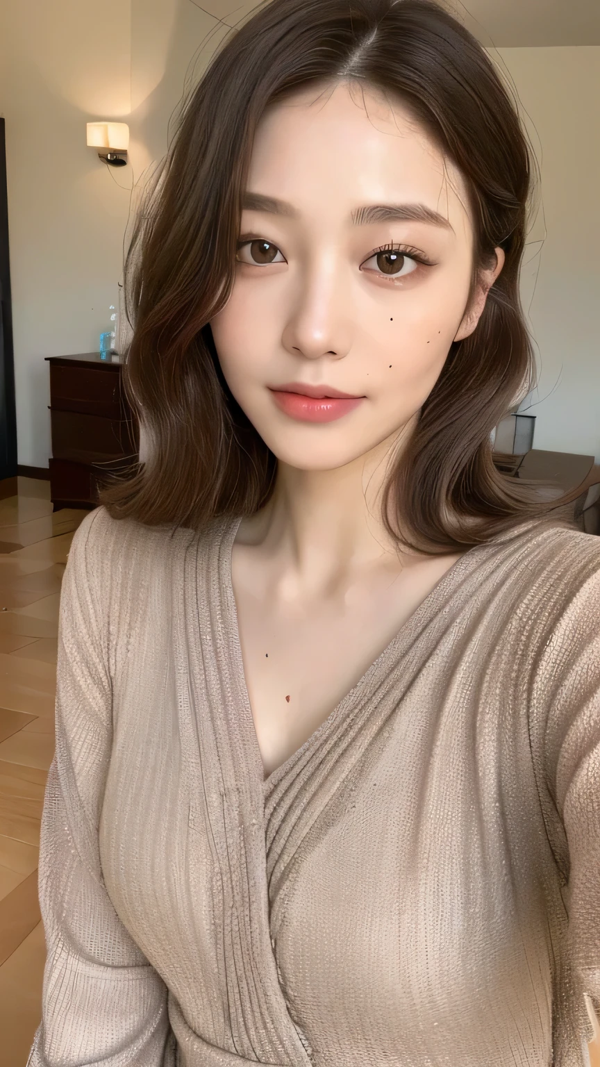 ((highest quality, 8k, masterpiece: 1.3)), 1 female, Japanese Mature,Sensual beauty: 1.3, (Hair style Brown hair Medium wave, big: 1.2), Open-necked loungewear: 1.2, Super slender face, Delicate eyes, double eyelid, Dimples,mole,Tear bags, Home,relax,Laughter,Half Squat,