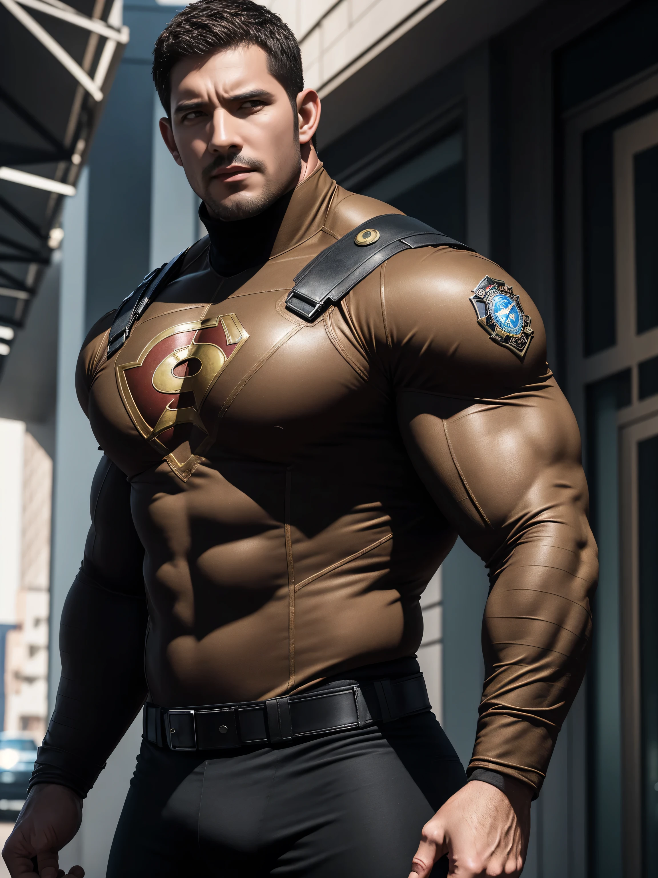 One Tall giant muscular police officer,  On the old-style outdoor streets, Wear a brown superhero bodysuit with long sleeves, Elastic spandex material，The expression is arrogant, Lift your chin, Messy hair, Thick thighs, Brown Superhero Bodysuit with Turtleneck and Long Sleeves, very tight, Regular symmetrical pattern, Highlight muscles, Police uniform pants, character concept（Resident Evil - Chris Redfield, Chris Redfield）A proud expression, Deep and charming eyes, Heroic male pose, tall Burly, muscular！muscular thighs, tough guy, perfect facial features, High, Burly, Heqiang, Super polished and cool, High Resolution Committee, Charismatic, The sun is blazing, dazzling