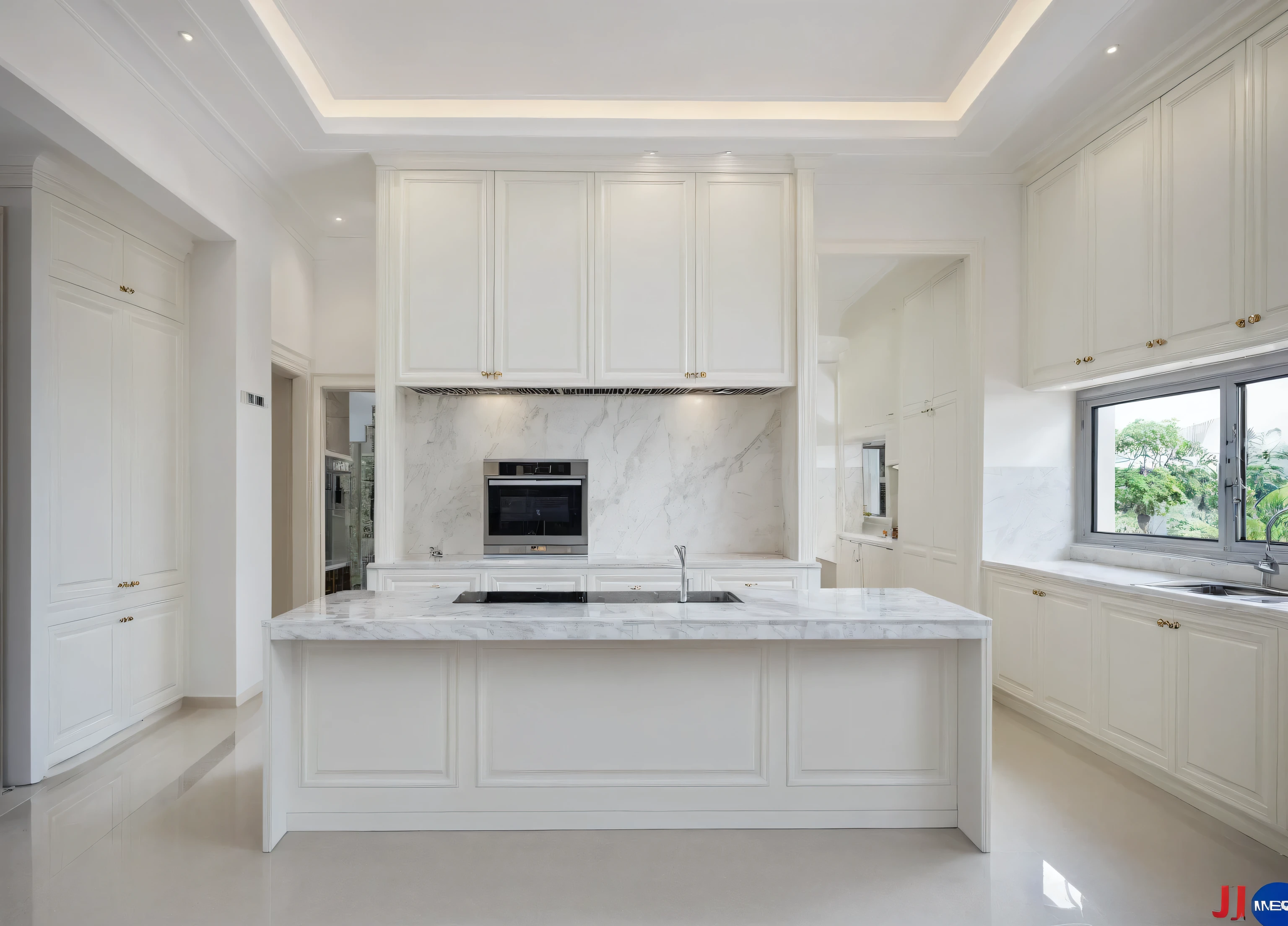 Raw photo,Masterpiece, high quality, best quality, authentic, super detail, 
interior, indoors,kitchen room, neoclassic style , kitchen cabinet, island table, windows, bright tone, white wall
, (daylight:1.1), vivid colour, (realistic:1.2),JJ's Interior