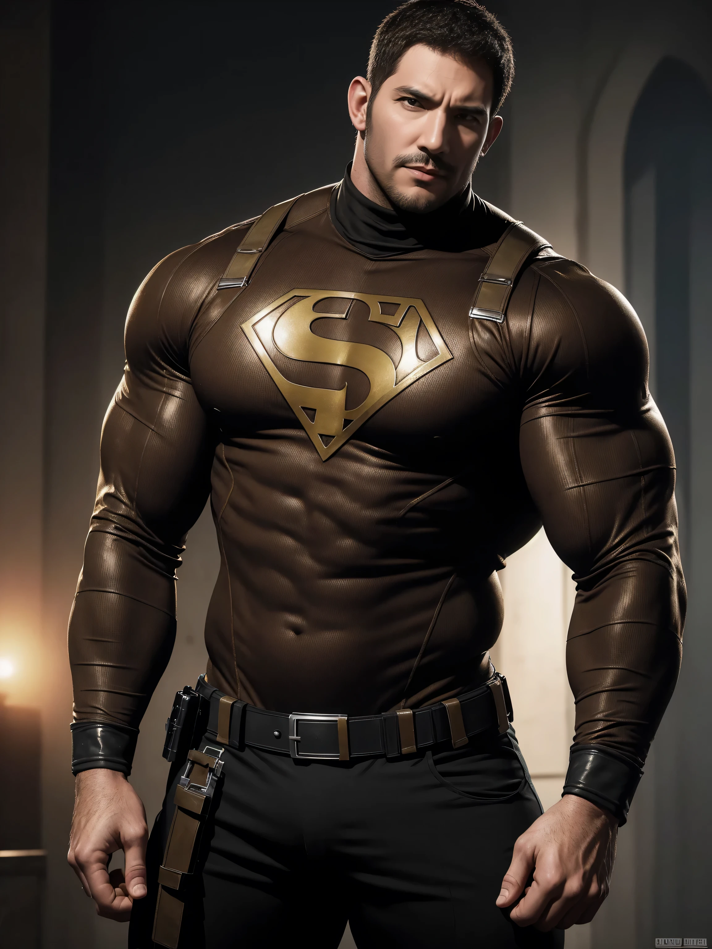 One Tall giant muscular police officer, On the old-style outdoor streets, Wear a brown superhero bodysuit with long sleeves, Elastic spandex material,The expression is arrogant, Lift your chin, Messy hair, Thick thighs, Brown Superhero Bodysuit with Turtleneck and Long Sleeves, very tight, Regular symmetrical pattern, Highlight muscles, Police uniform pants, character concept(Resident Evil - Chris Redfield, Chris Redfield)A proud expression, Deep and charming eyes, Heroic male pose, tall Burly, muscular!muscular thighs, tough guy, perfect facial features, High, Burly, Heqiang, Super polished and cool, High Resolution Committee, Charismatic, The sun is blazing, dazzling