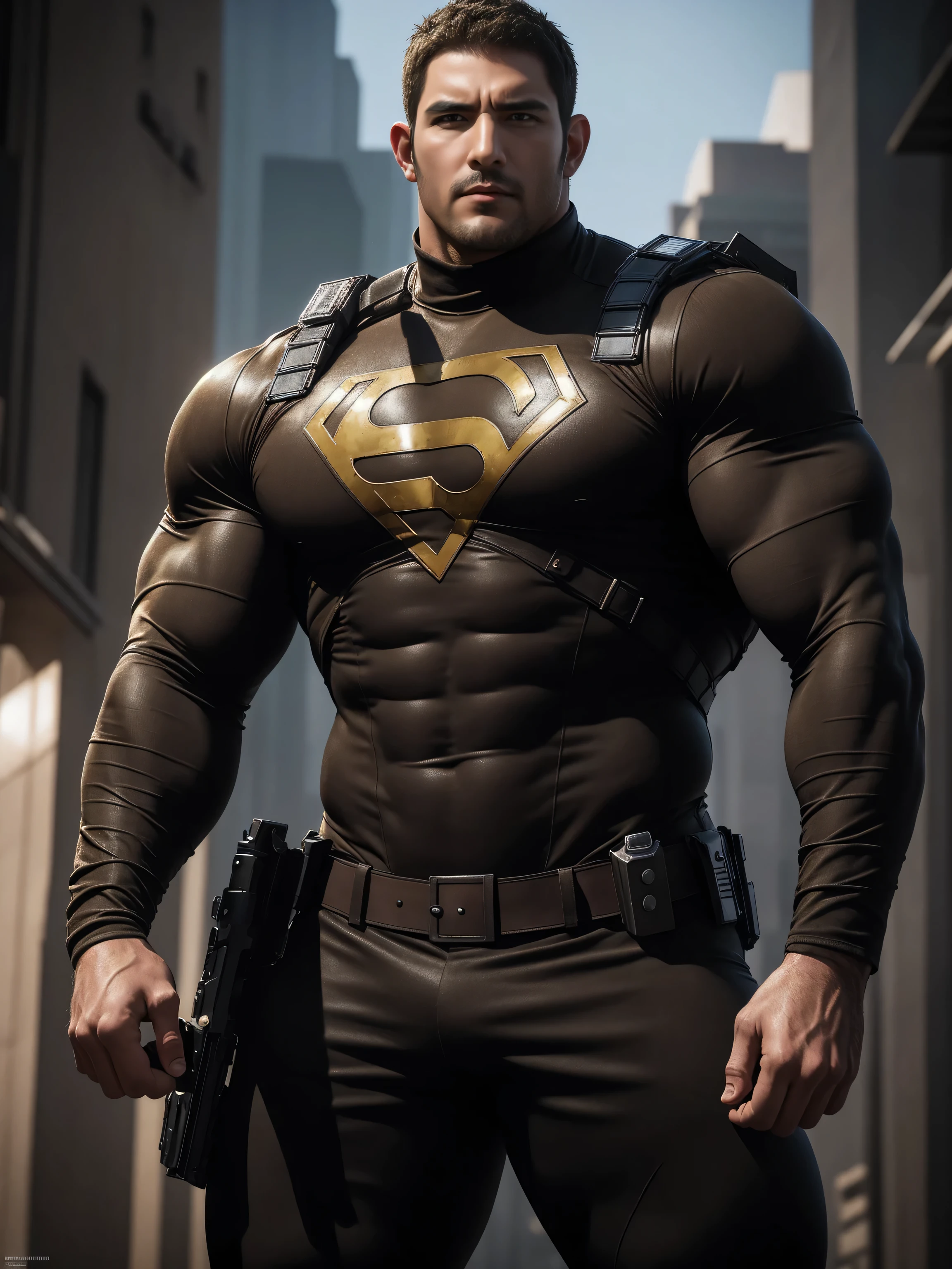One Tall giant muscular police officer, On the old-style outdoor streets, Wear a brown superhero bodysuit with long sleeves, Elastic spandex material,The expression is arrogant, Lift your chin, Messy hair, Thick thighs, Brown Superhero Bodysuit with Turtleneck and Long Sleeves, very tight, Regular symmetrical pattern, Highlight muscles, Police uniform pants, character concept(Resident Evil - Chris Redfield, Chris Redfield)A proud expression, Deep and charming eyes, Heroic male pose, tall Burly, muscular!muscular thighs, tough guy, perfect facial features, High, Burly, Heqiang, Super polished and cool, High Resolution Committee, Charismatic, The sun is blazing, dazzling