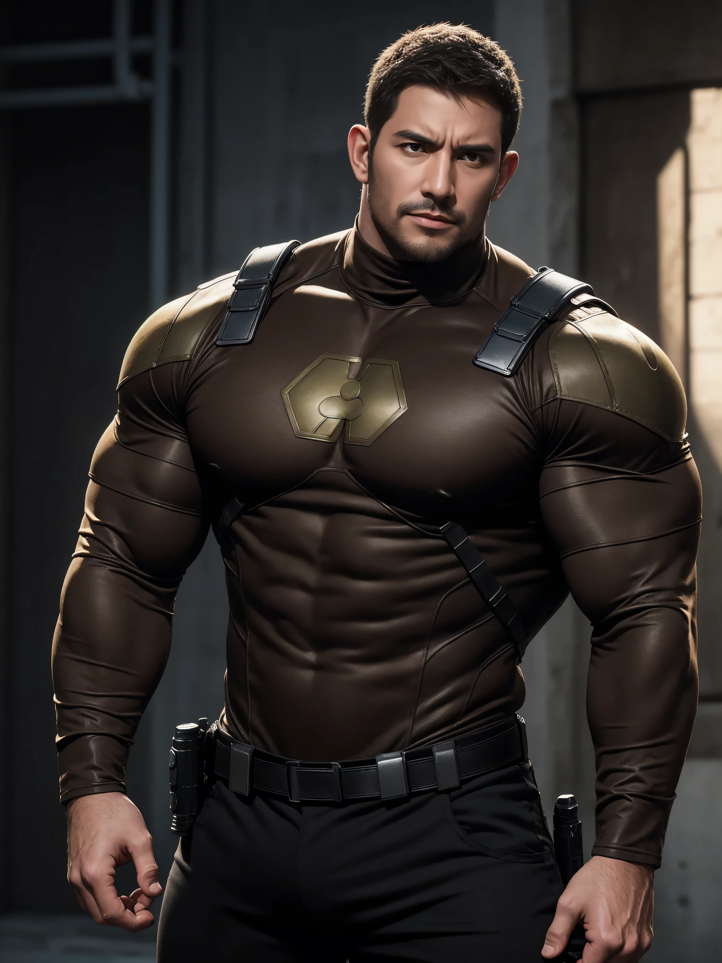 Screaming muscular police officer with open mouth, On the old-style outdoor streets, Wear a brown superhero bodysuit with long sleeves, Elastic spandex material,The expression is arrogant, Lift your chin, Messy hair, Thick thighs, Brown Superhero Bodysuit with Turtleneck and Long Sleeves, very tight, Regular symmetrical pattern, Highlight muscles, Police uniform pants, character concept(Resident Evil - Chris Redfield, Chris Redfield)A proud expression, Deep and charming eyes, Heroic male pose, tall Burly, muscular!muscular thighs, tough guy, perfect facial features, High, Burly, Heqiang, Super polished and cool, High Resolution Committee, Charismatic, The sun is blazing, dazzling