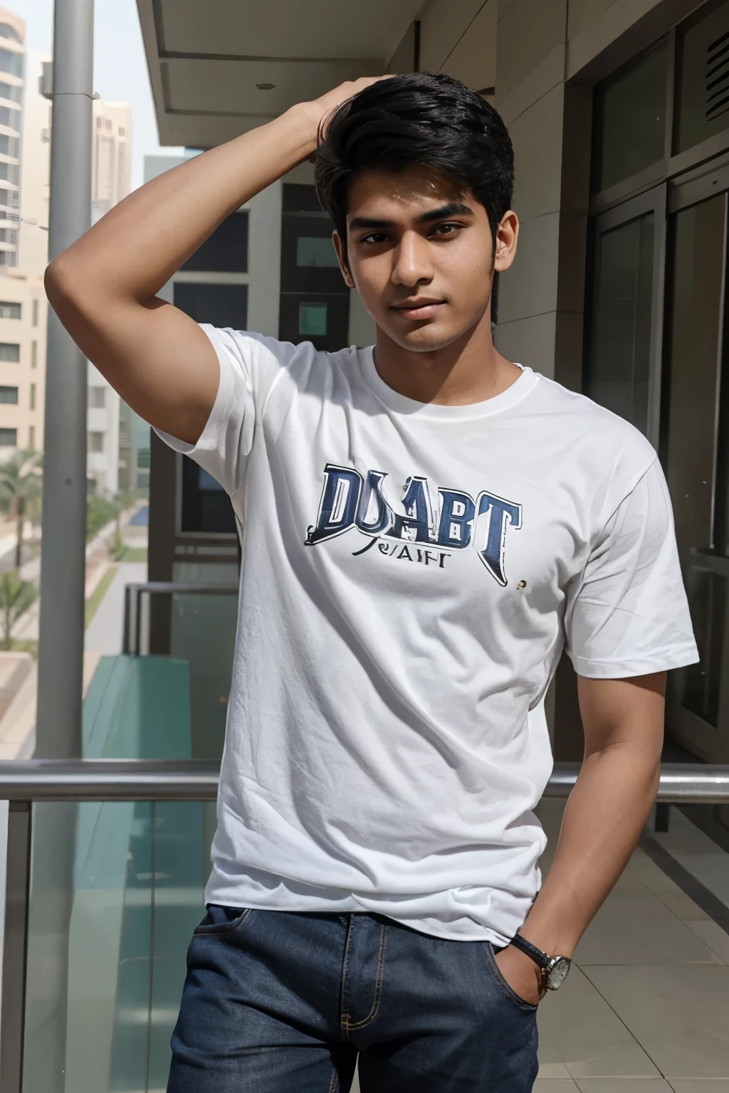 Jivan, indian, 20 year old, athletic, college student, slim build, causal clothing, fully clothed, Dubai, fair complexion, no facial hair, detailed face