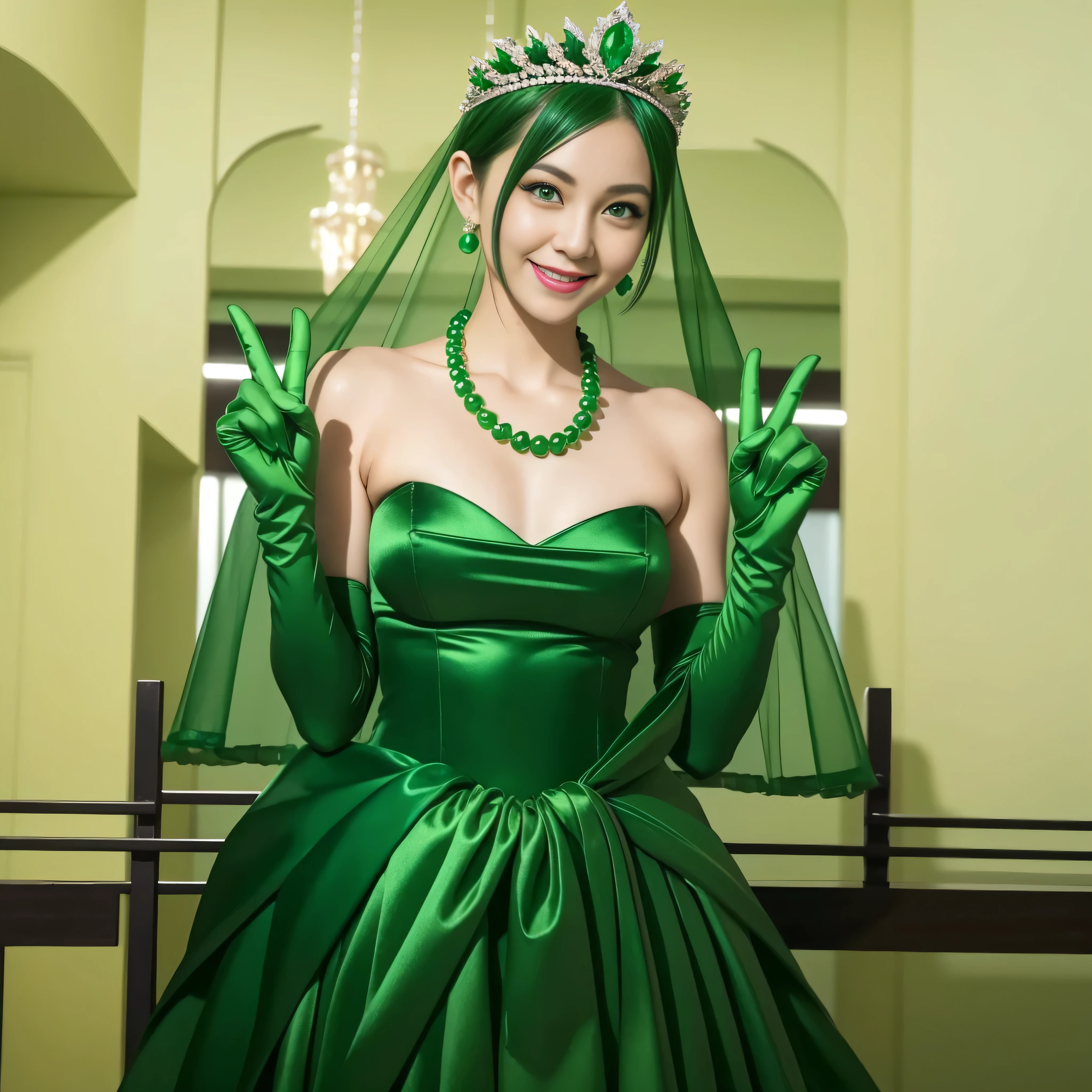 Emerald tiara, Green Pearl Necklace, Boyish very short green hair, lipstick, Smiling Japanese woman, Very short hair, Big and beautiful, Green Eyes, Long green satin gloves, Green Eyes, v sign, Emerald Earrings, Green veil