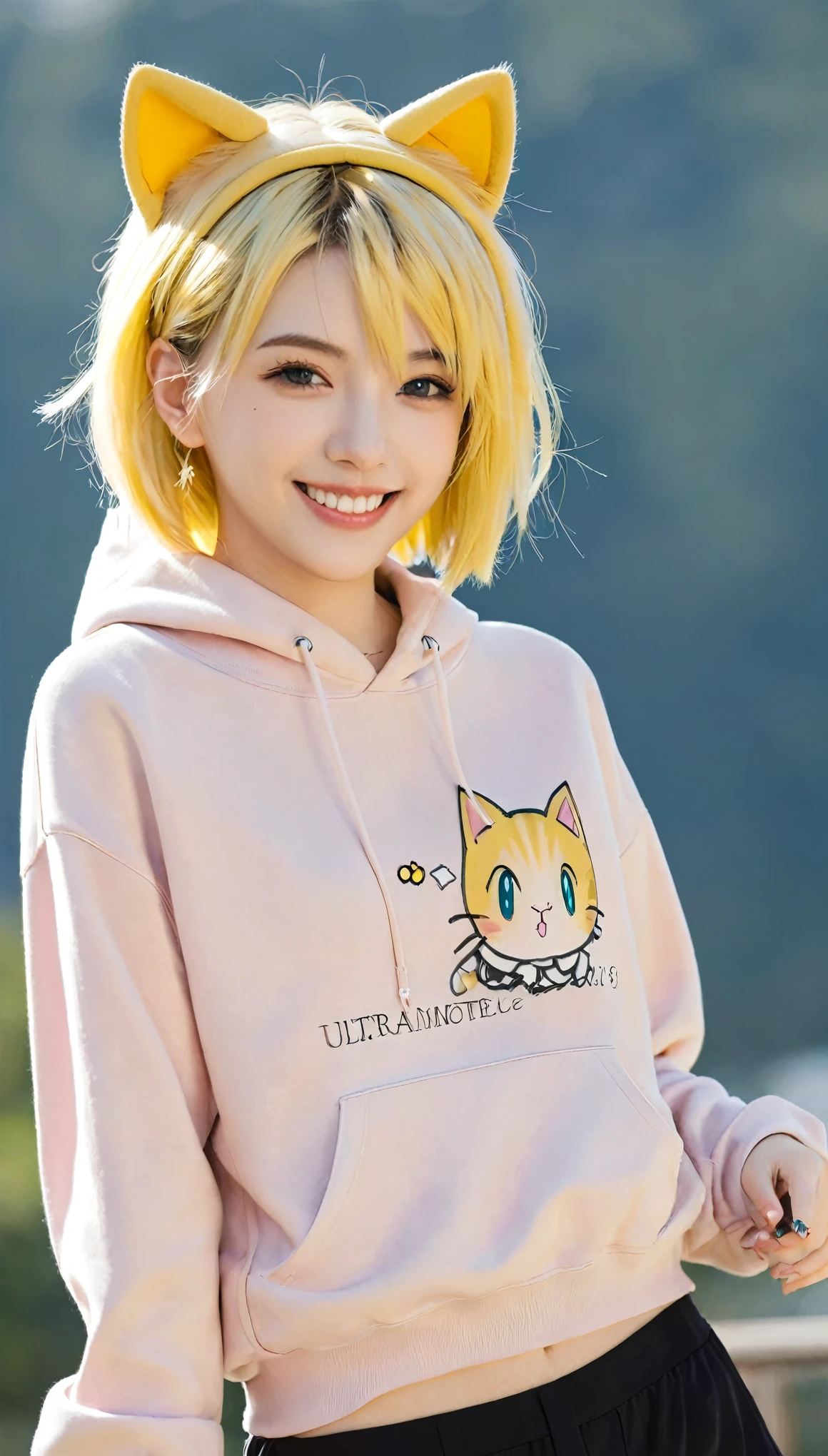 (masterpiece), (best quality), (illustration), (Ultra Detailed), (high resolution), absurd, A girl, (Kagamine wheel), (Seiyuu), Smile, short hair, hairpin, (cat ear hoodie), Wear a hoodie, Cute Sleeves, blush, Black shorts, (Blonde), (Number 02 tattoo on left arm), Very cute girl, small, young, Beautifully, outdoor, Focus on girls