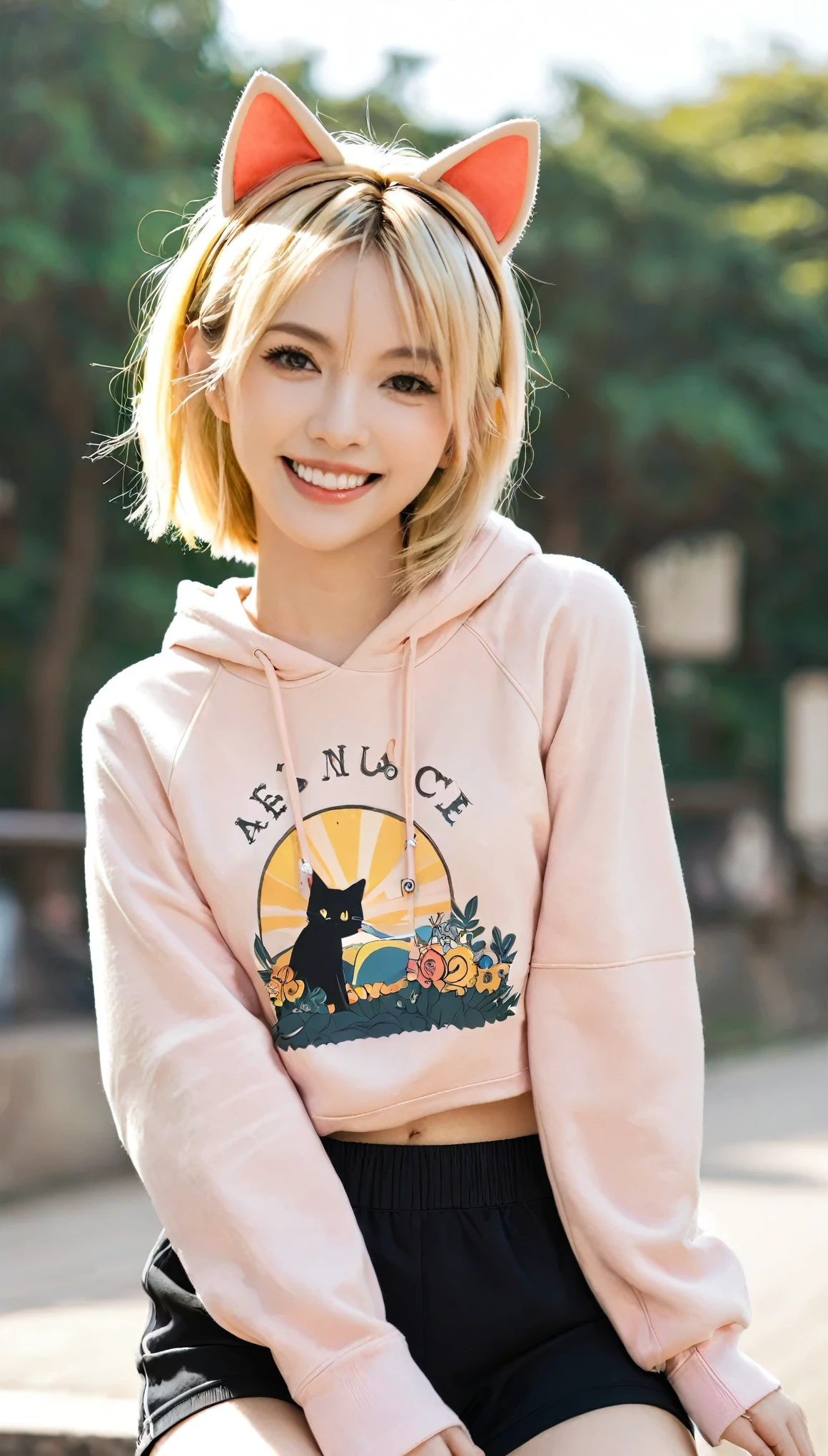(masterpiece), (best quality), (illustration), (Ultra Detailed), (high resolution), absurd, A girl, (Kagamine wheel), (Seiyuu), Smile, short hair, hairpin, (cat ear hoodie), Wear a hoodie, Cute Sleeves, blush, Black shorts, (Blonde), (Number 02 tattoo on left arm), Very cute girl, small, young, Beautifully, outdoor, Focus on girls