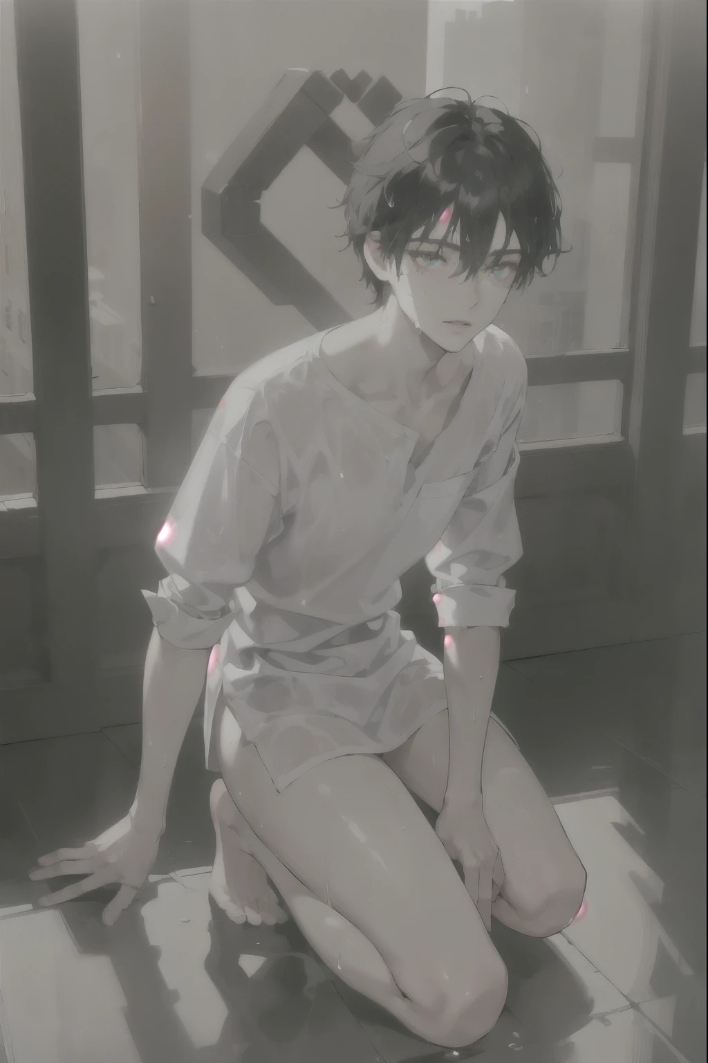 masterpiece, best quality, ultra detailed, solo man, male focus, ((Oblong face)), ((Square jawline)), black hair, ((hairs between eyes)), shoulder length, ((narrow blue eye)), shirt, fair skin, skinny body, beauty mark, nsfw, wet skin, kneeling, looking down,
hands on floor