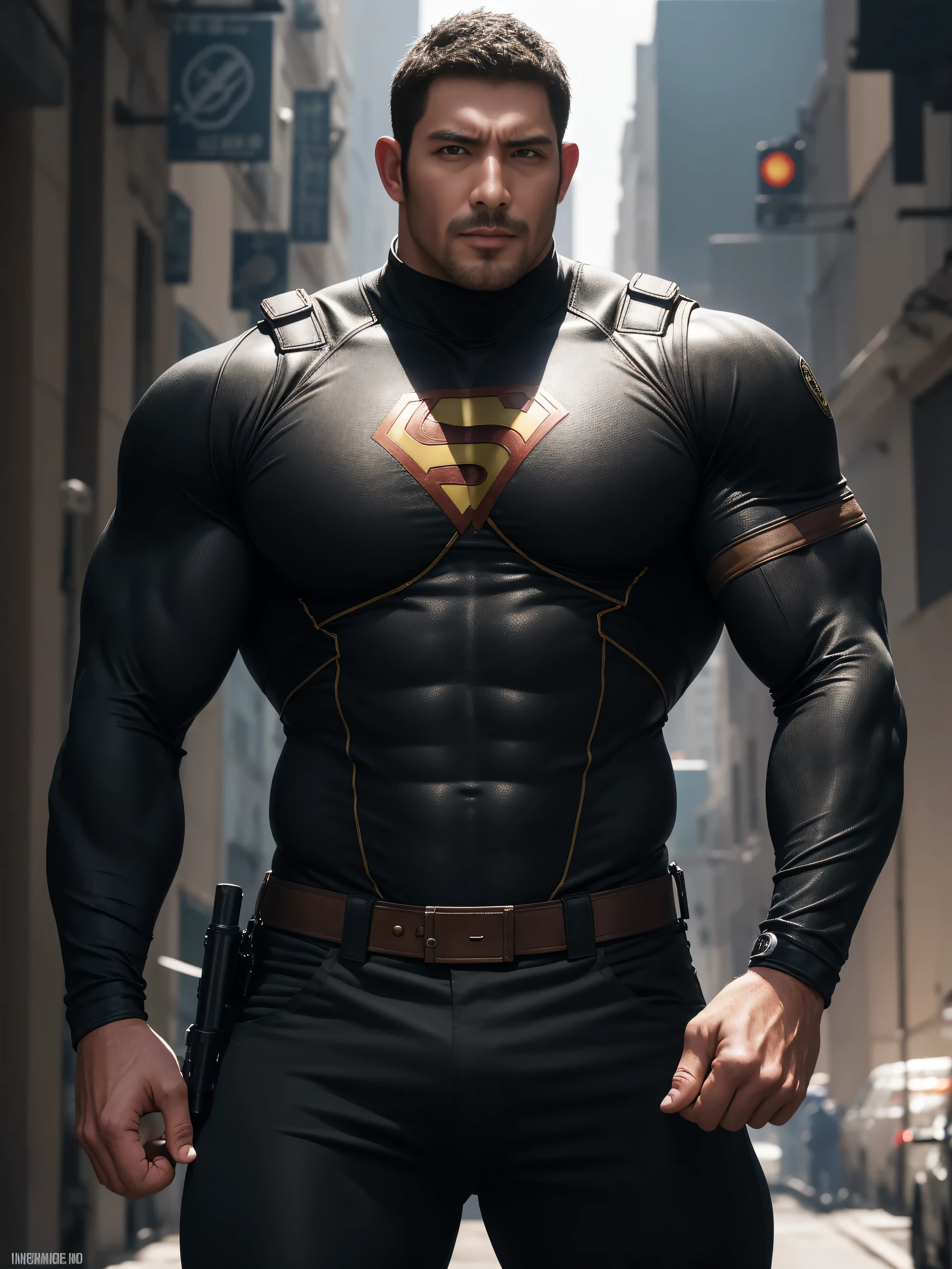Screaming muscular police officer with open mouth, On the old-style outdoor streets, Wear a brown superhero bodysuit with long sleeves, Elastic spandex material,The expression is arrogant, Lift your chin, Messy hair, Thick thighs, Brown Superhero Bodysuit with Turtleneck and Long Sleeves, very tight, Regular symmetrical pattern, Highlight muscles, Police uniform pants, character concept(Resident Evil - Chris Redfield, Chris Redfield)A proud expression, Deep and charming eyes, Heroic male pose, tall Burly, muscular!muscular thighs, tough guy, perfect facial features, High, Burly, Heqiang, Super polished and cool, High Resolution Committee, Charismatic, The sun is blazing, dazzling