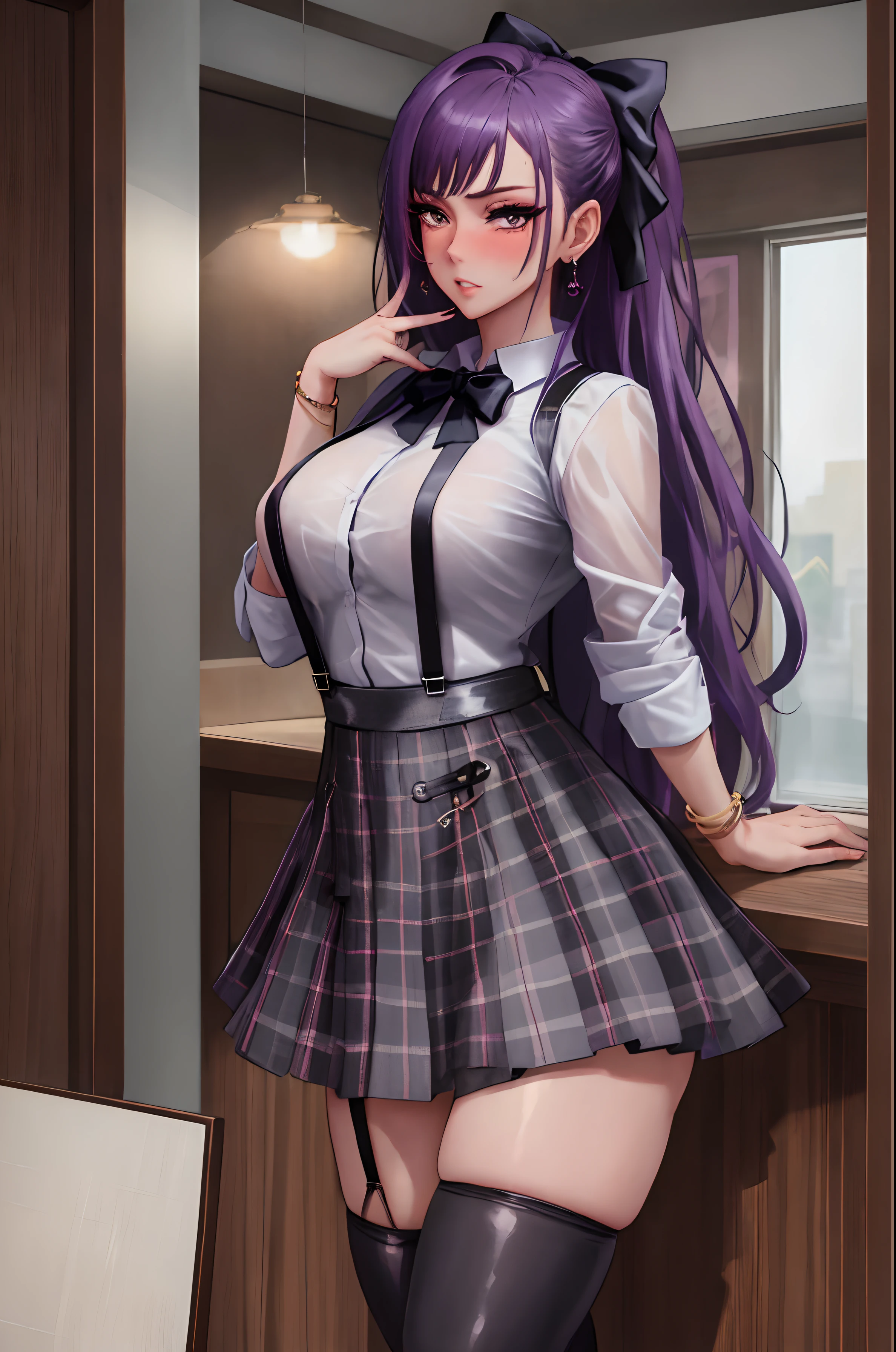 (masterpiece, best quality:1.2), (nsfw), cowboy shot, hair bow, hair ornament, (makeup, muscara, eyeblush, eyeshadow), 
1girl, solo, long hair, looking at viewer, skirt, shirt, thighhighs, jewelry, standing, white shirt, purple hair, earrings, black thighhighs, indoors, bracelet, plaid, makeup, plaid skirt, suspenders, reflection, mirror, realistic, suspender skirt, wearing Urban_Gal