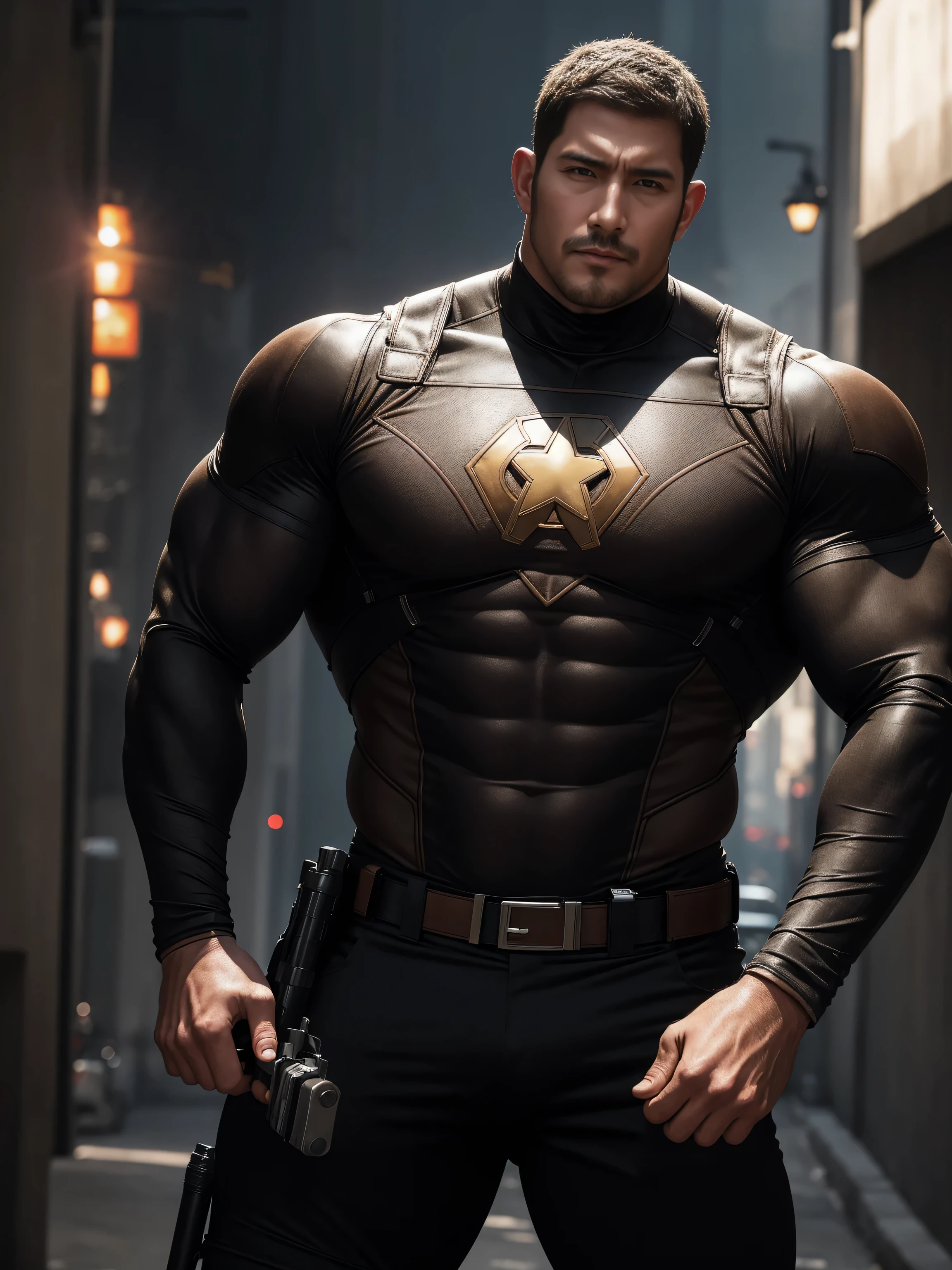 Screaming muscular police officer with open mouth,  On the old-style outdoor streets, Wear a brown superhero bodysuit with long sleeves, Elastic spandex material，The expression is arrogant, Lift your chin, Messy hair, Thick thighs, Brown Superhero Bodysuit with Turtleneck and Long Sleeves, very tight, Regular symmetrical pattern, Highlight muscles, Police uniform pants, character concept（Resident Evil - Chris Redfield, Chris Redfield）A proud expression, Deep and charming eyes, Heroic male pose, tall Burly, muscular！muscular thighs, tough guy, perfect facial features, High, Burly, Heqiang, Super polished and cool, High Resolution Committee, Charismatic, The sun is blazing, dazzling
