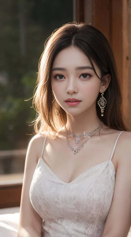 8k, Tabletop, RAW Photos, highest quality, Realistic, Highly detailed CG Unity 8k wallpaper, Written boundary depth, Cinematic Light, Lens flare, Ray Tracing, (Very beautiful face, Beautiful Lips, Beautiful Eyes), Intricately detailed faces, ((Highly detailed skin)) 1 female, In the Dark, Deep Shadow, cute, ((Looking at the audience)), (A captivating smile), (Blurred Background), Earrings, bracelet, necklace, Clear Eyes, Bedroom, Front shot, (Pale skin), I'm looking forward to, (Big eyes), ((Short corset)), (Camel Toe, shape), (Hair Bun), (Big Breasts:1.3), ((smile)), ((Camel Toe)),