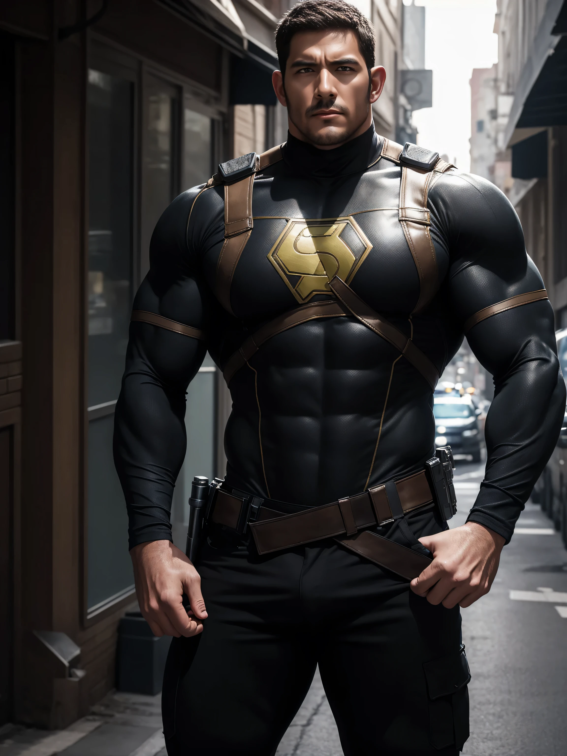 Screaming muscular police officer with open mouth,  On the old-style outdoor streets, Wear a brown superhero bodysuit with long sleeves, Elastic spandex material，The expression is arrogant, Lift your chin, Messy hair, Thick thighs, Brown Superhero Bodysuit with Turtleneck and Long Sleeves, very tight, Regular symmetrical pattern, Highlight muscles, Police uniform pants, character concept（Resident Evil - Chris Redfield, Chris Redfield）A proud expression, Deep and charming eyes, Heroic male pose, tall Burly, muscular！muscular thighs, tough guy, perfect facial features, High, Burly, Heqiang, Super polished and cool, High Resolution Committee, Charismatic, The sun is blazing, dazzling