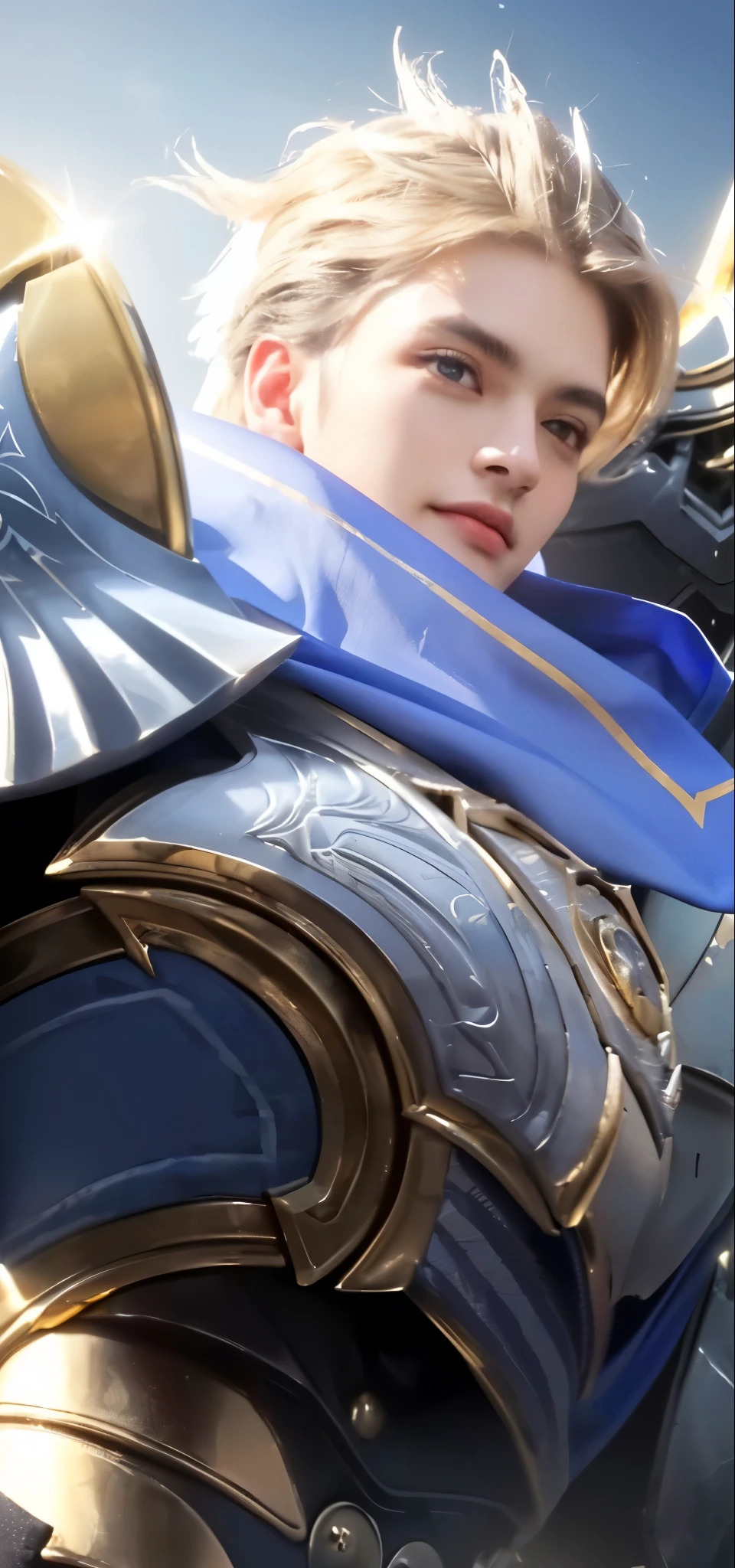 (best quality,highres,masterpiece:1.2),ultra-detailed,(realistic,photorealistic,photo-realistic:1.37),1boy,male knight,heroic,brave,shiny armor, intricate details,reflections,sharp edges,ornate design,exquisite craftsmanship,fierce gaze,determined,expensive materials,dark and gold color scheme,medieval,mythical,legendary,grand setting,sword,shield,standing tall,proud,imposing presence,glimmering highlights,lustrous finish,epic battle,hero's journey,legendary protector,astonishing visual impact,majestic,immersive experience,dynamic poses,vivid colors,dramatic lighting,shadow and light play,atmospheric intensity,awe-inspiring,sweeping landscape,heroic proportions, handsome, charismatic, smile, looking at the audience