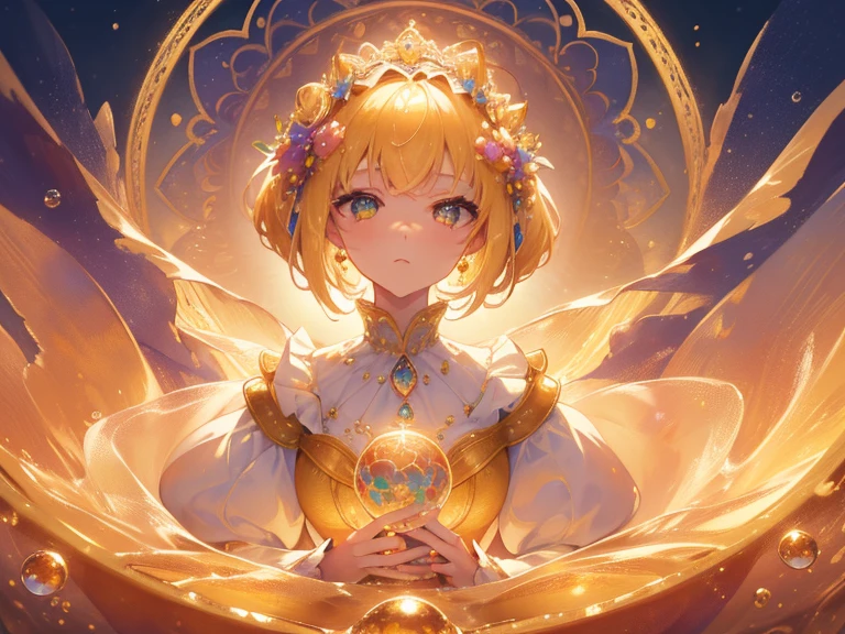 masterpiece, best quality, 8k resolution, sharp focus, intricate detail, beautiful girl, sparkling eyes, golden ratio face, otherworldly liquid, watercolor, warm colors, bright colors, whimsical, colorful, sharp focus, high resolution, fine detail, ((layered tiered puffy long sleeves ballgown)), ((round eyes)), iridescent bubbles, fantasia background