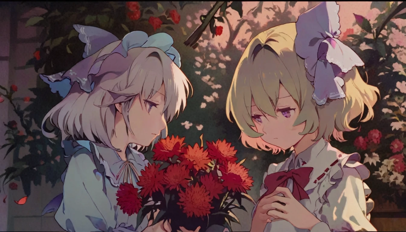 best quality, aesthetic, detailed, solo, 2girls, young girl, anime screencap, 1980s \(style\), flandre and remilia from touhou looking at some pretty flowers