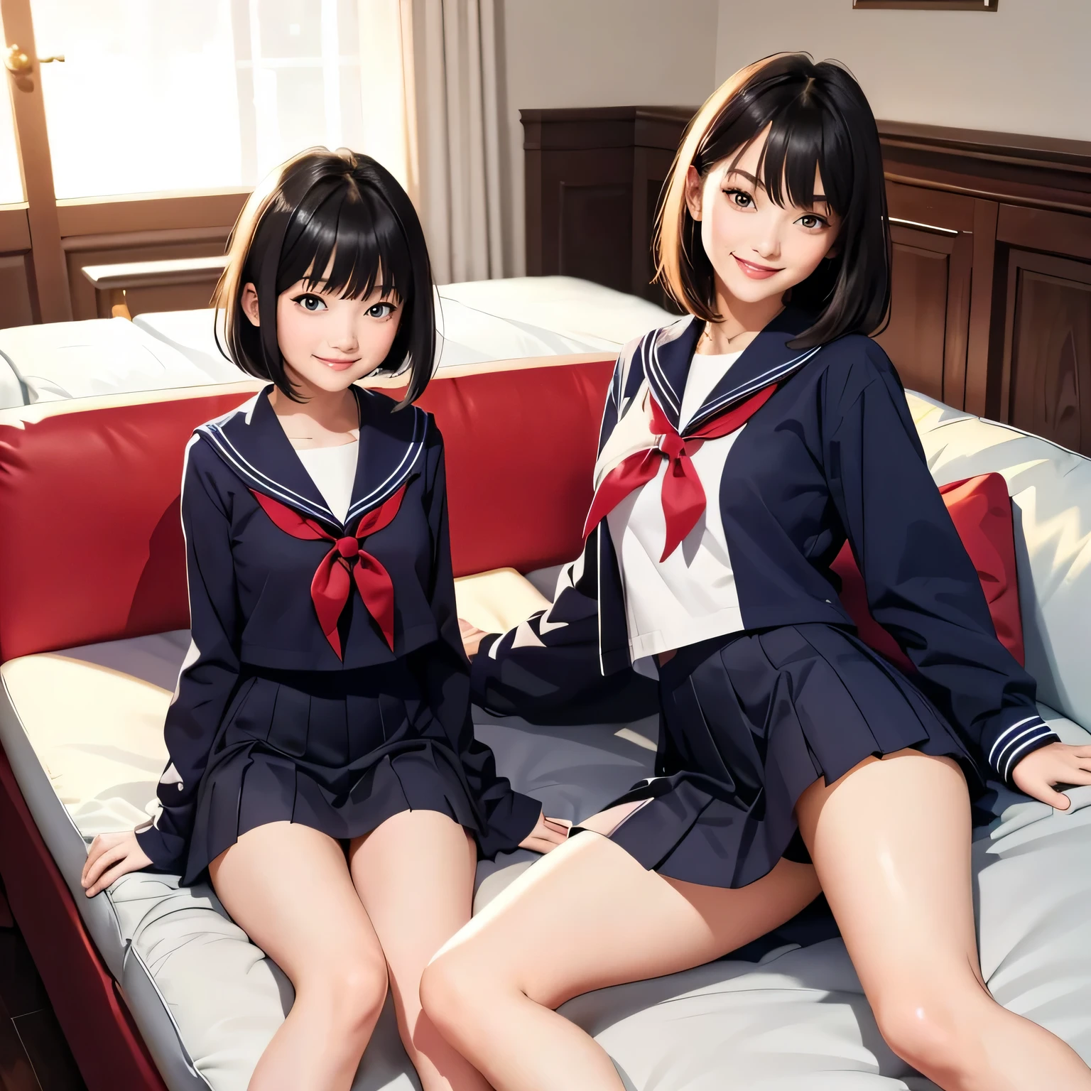 (top-quality、in 8K、32K、​masterpiece、超A high resolution、Impresionismo、Photorealsitic:1.2)、Full body, Inside the classroom、Schools、Evening glow、beauitful face、blurry backround、16-year-old beautiful girl、shinny skin、bob cuts、Beautiful black hair、(Katyusha:1.2)、a sailor suit、Pleated miniskirt、Curve、dynamicposes、Smile with open mouth、Two girls, lying on sofa