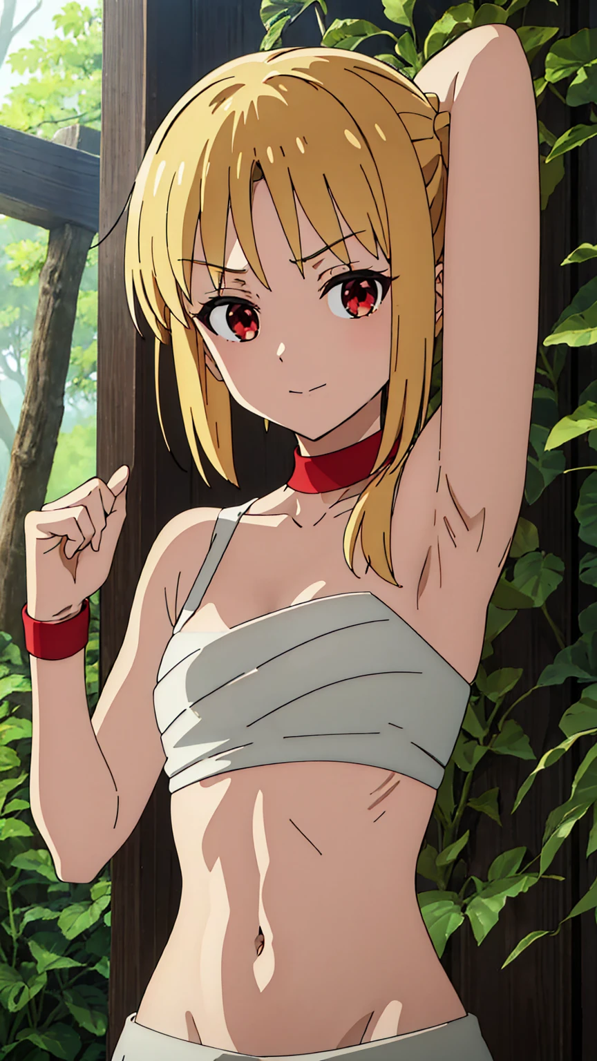 short girl, masterpiece, high resolution, Solitary, 8k, detailed, Perfect face, best quality, (Ultra-high quality), (Looking at the audience), (armpit), clavicle, bare arm, Bare shoulders, Small breasts, cleveage, Blonde hair, Long hair, Side Ponytail, Ahog, Red Eyes, abdomen, Stomach, navel, Abdominal muscles, Salahi chest, bandage breast, (Red), slim, Upper Body, In the forest, hands up,Smirk