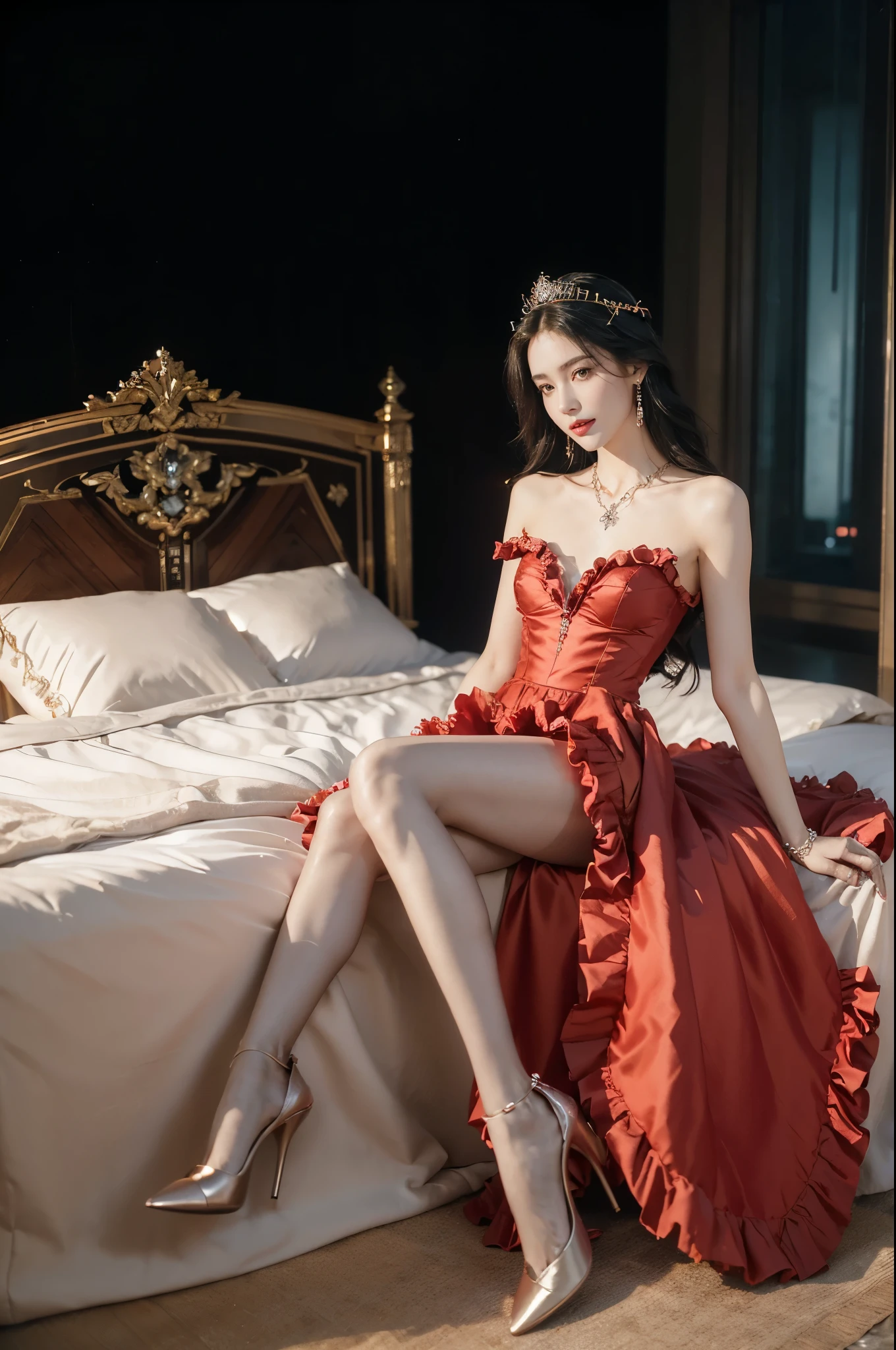 (Extremely meticulous CG),(((8k))),wallpaper,(Portrait above the chest:1.3),((Extremely refined and beautiful)),(((Masterpiece))),(((best qualtiy))),(((Ultra High Resolution))),beautiful light up,realistic shaded,(Smooth and flawless fair skin:1.5),(Extremely exquisite facial details:1.2),(ultra-detailed:1.5),((a beautiful girl,solo)),(shoulder length straight bob hair:1.3),(small head:1.2),(princess crown:1.2),(slender face:1.2),(Exquisite makeup:1.3),(smiling:1.2),(laughing:1.2),(blush:1.3),(perfect body:1.2),(earrings:1.2),(crystal necklace:1.3),(Bracelet:1.2),(Gorgeous red Gothic ruffled evening dress:1.5),((slim,thin)),(small breasts:1.2),(flat chests:1.2),(slender legs:1.2),(nude pantyhose:1.5),(high heels:1.3),(from front:1.3),(Sitting on the bed:1.3),(arms behind back:1.3),(In a luxurious hotel bedroom:1.5),(Extremely luxurious decoration:1.5),(warm neon lights:1.3),(indoor:1.2),(Cyberpunk style:1.3),(detailed background:1.5),(night scene:1.5),(full body:1.3),