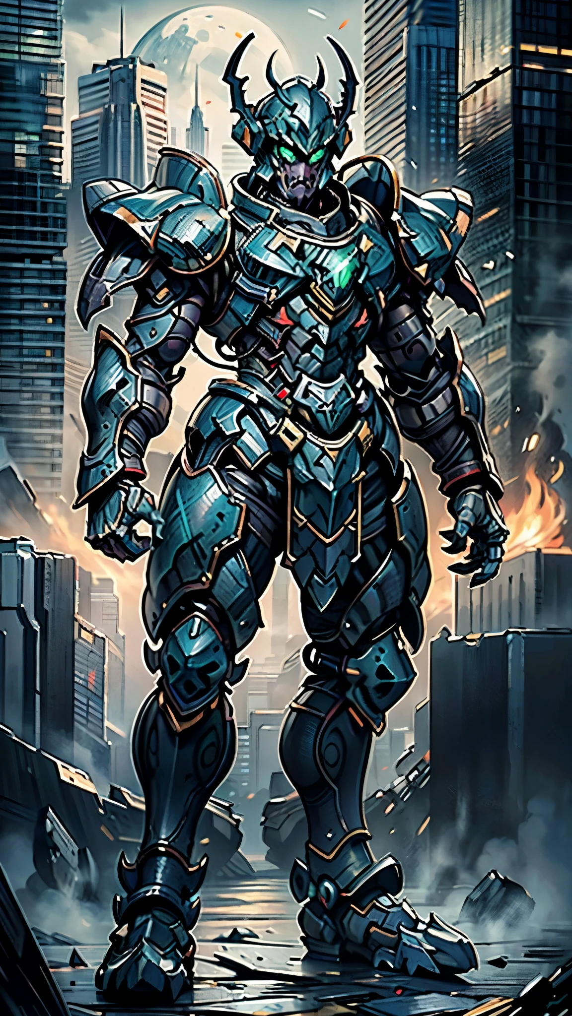 A man wearing a full-face helmet, a fantasy-style biotech armored combat suit, green eyes, (a composite layered chest armor), fully enclosed shoulder guards, matching arm and leg guards, the belt is adorned with fangs biting into gem, (the color scheme is primarily black with red accents), the design balances heavy with agility, a high-tech bio-mecha armor, (Armor Concept Inspired by Godzilla, stand on the top of a skyscraper in a futuristic sci-fi city), this character embodies a finely crafted fantasy-surreal style armored hero in anime style, exquisite and mature manga art style, (element, plasma, energy, the armor glows), ((male:1.5)), metallic, real texture material, dramatic, high definition, best quality, highres, ultra-detailed, ultra-fine painting, extremely delicate, professional, perfect body proportions, golden ratio, anatomically correct, symmetrical face, extremely detailed eyes and face, high quality eyes, creativity, RAW photo, UHD, 32k, Natural light, cinematic lighting, masterpiece-anatomy-perfect, masterpiece:1.5