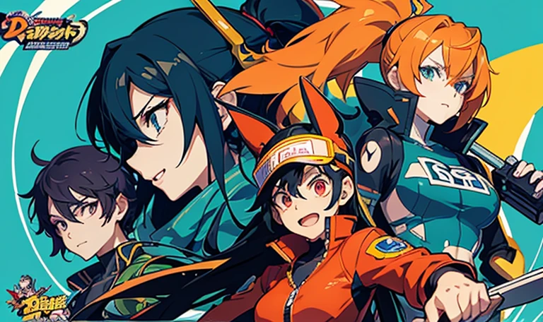 a close up of a cartoon character surrounded by other characters, concept art by Kamisaka Sekka, tumblr, neogeo, official artwork, anime, intense battle, key art, gurenn lagann, style of jet set radio, jet set radio future, key visual, shin megami tensei, anime cover