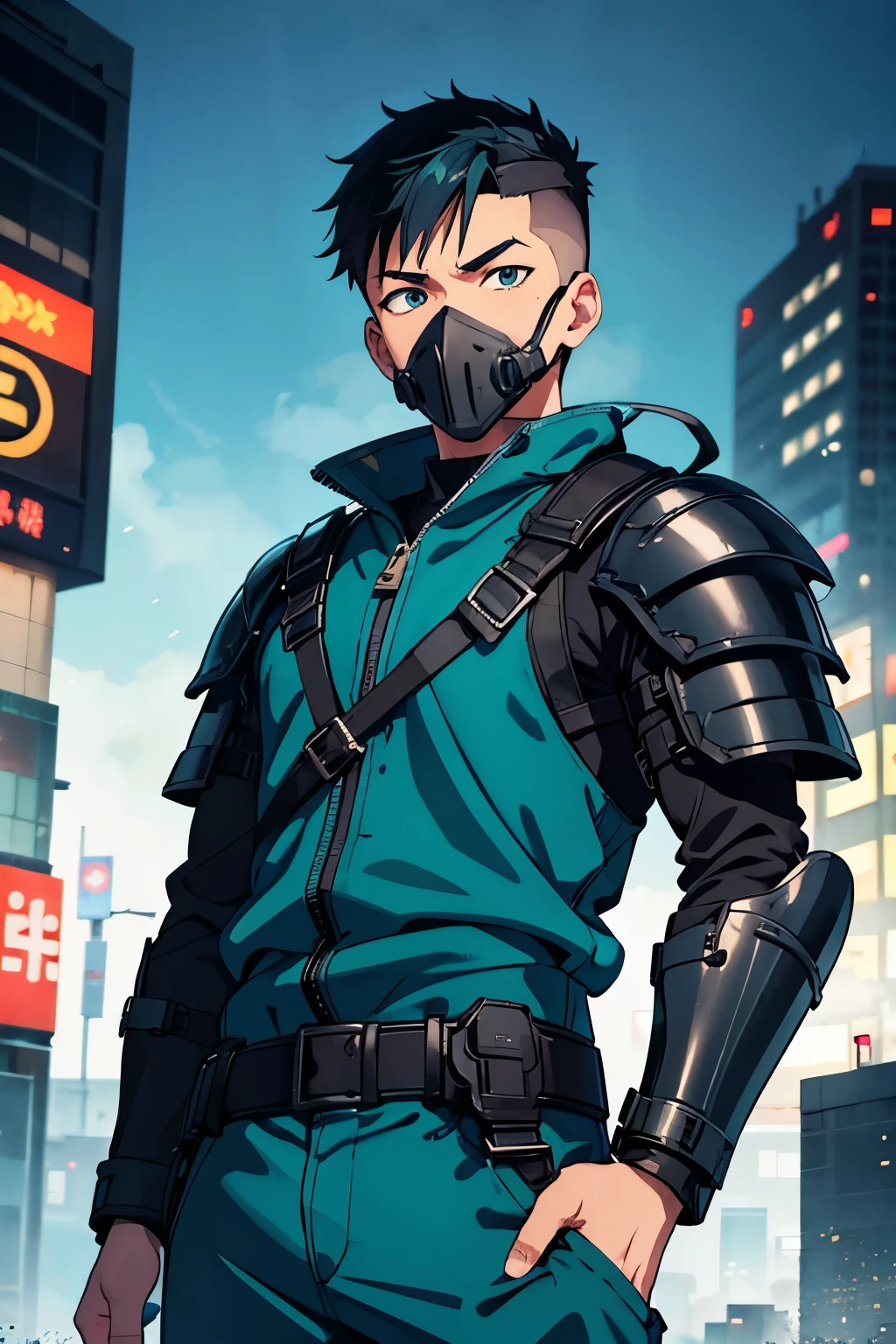 Teenage Male, Dark Blue Taper Fade Hair, Black Eye, Pencil, Gas Mask, Teal Jumpsuit with Oni Chestplate Armor, Shibuya City Theme Background, Happy Emotion mood, Anime, Masterpiece.