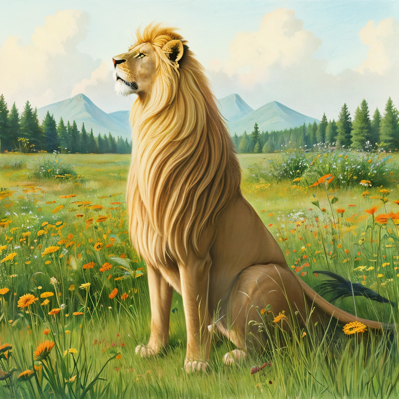Colored pencil drawing of an albino male lion standing in a meadow