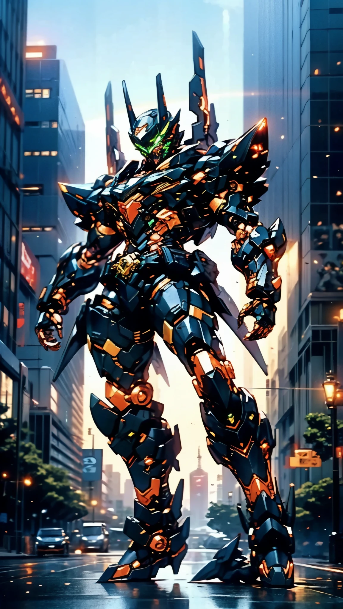 A man wearing a full-face helmet, a fantasy-style biotech armored combat suit, green eyes, (a composite layered chest armor), fully enclosed shoulder guards, matching arm and leg guards, the belt is adorned with fangs biting into gem, (the color scheme is primarily black with red accents), the design balances heavy with agility, a high-tech bio-mecha armor, (Armor Concept Inspired by Godzilla, stand on the top of a skyscraper in a futuristic sci-fi city), this character embodies a finely crafted fantasy-surreal style armored hero in anime style, exquisite and mature manga art style, (element, plasma, energy, the armor glows), ((male:1.5)), metallic, real texture material, dramatic, high definition, best quality, highres, ultra-detailed, ultra-fine painting, extremely delicate, professional, perfect body proportions, golden ratio, anatomically correct, symmetrical face, extremely detailed eyes and face, high quality eyes, creativity, RAW photo, UHD, 32k, Natural light, cinematic lighting, masterpiece-anatomy-perfect, masterpiece:1.5