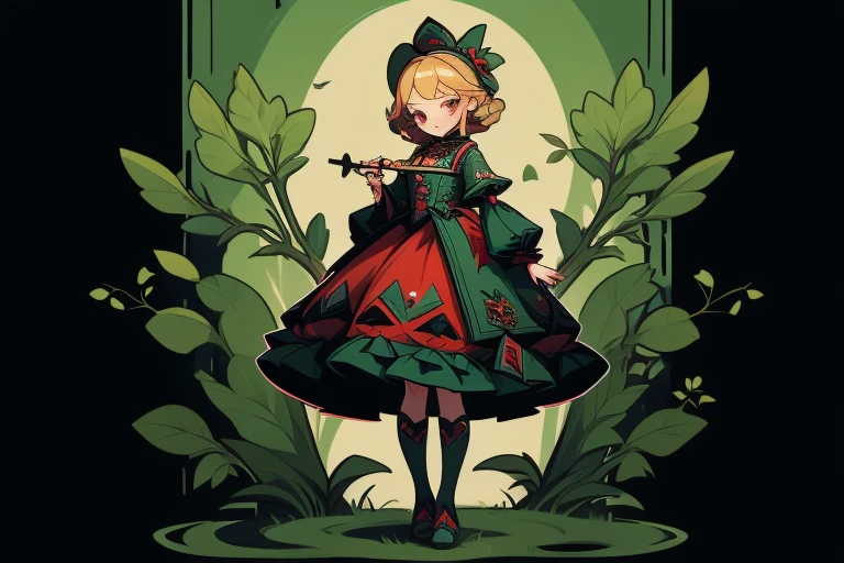 1sticker，Handbook，(1 Gothic Lolita), (standing full-body), (Full body standing painting), 1 Princess，(standing full-body)，solo, BJD dolls, Blush, long  skirt，character  design, fanciful, alice in the wonderland, Gothic Lolita red dress, Green high socks, White flowers, ((red colour)), Blonde hair, Short hair, Double up braid, tmasterpiece, top Quority，best qualtiy，Ultra-high resolution，Exquisite facial features, dk，adolable，Small