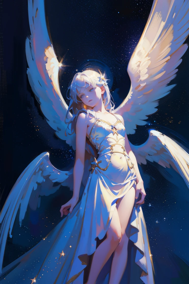 detailed full body portrait,(The girl looks up at the stars), angelicales, Angelic, (Angel wings), white dresseandy Jürgens (Mandy Jurgens) Realistic paintings created, Perverted, arte figurativa, Detailed depiction of the, realistically, An artwork of, contours, seen from the side, simple backgound