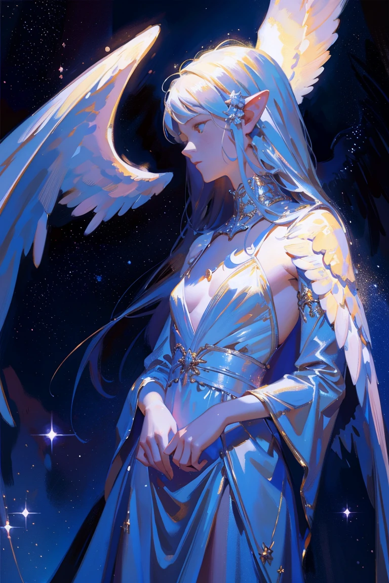 detailed full body portrait,(The girl looks up at the stars), angelicales, Angelic, (Angel wings), white dresseandy Jürgens (Mandy Jurgens) Realistic paintings created, Perverted, arte figurativa, Detailed depiction of the, realistically, An artwork of, contours, seen from the side, simple backgound
