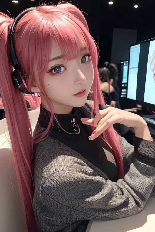 ​masterpiece, 1 beautiful girl, Detailed eye, Swollen eyes, top-quality, 超A high resolution, (reality: 1.4), Movie Lighting, japanes, a asian beauty, very extremely beautiful, Beautiful skins, A slender, Forward-facing body, gazing at viewer、(A hyper-realistic), (hight resolution), (8K), (ighly detailed), ( Best Illustration), (beautifully detailed eyes), (ultra-detailliert), Detailed face, Bright lighting, Professional Lighting、The background is a cyberpunk room with many monitors...、Hair color is pink twin tails、、headset on head、Moles under the eyes、Plump and glossy lips、Heart-shaped choker、Female Game Commentator
