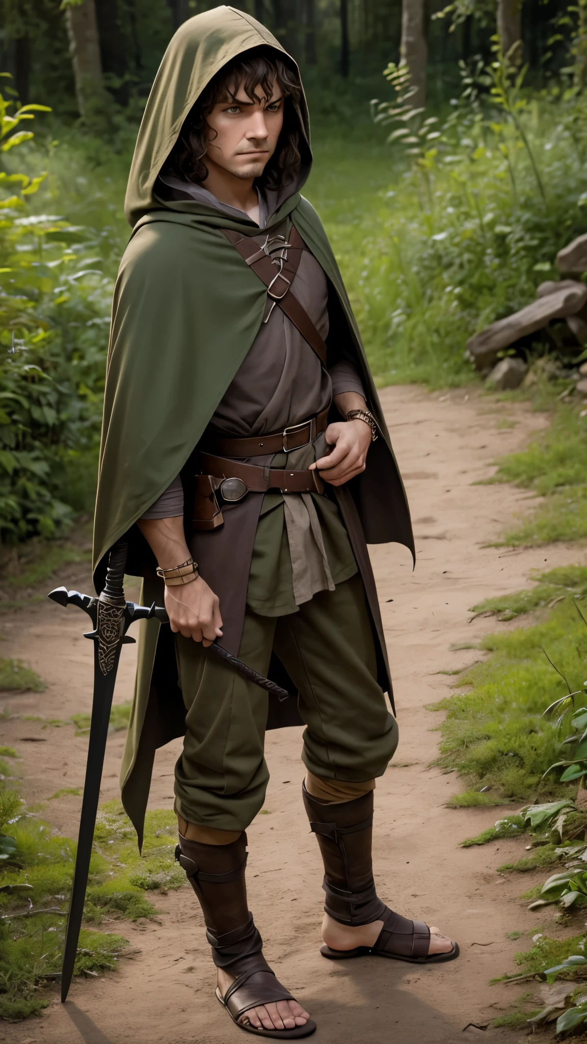 character detailing, man, hobbit, single, without shoes, bare feet, short hair, pixie haircut, leg hair, cape, hood on head, curly hair, fair skin, medieval, adventurer, fantasy, chocolate hair, dark green cloak, brown eyes, angry, big scar on cheek, sword on belt, bone bracelet, (scars), lots of shadows, dark colors, brown pants, milk shirt,