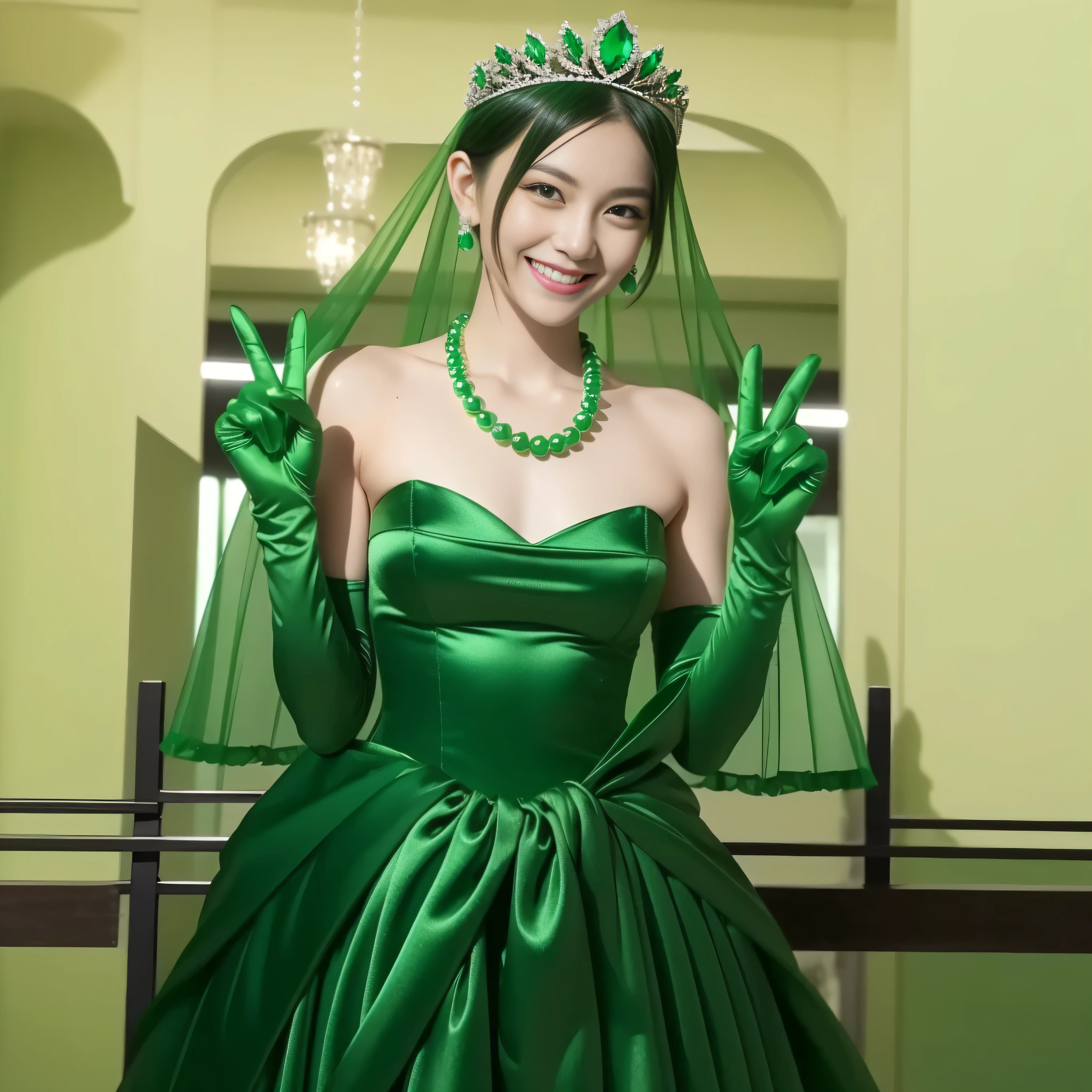 Emerald tiara, Green Pearl Necklace, Boyish very short green hair, lipstick, Smiling Japanese woman, Very short hair, Big and beautiful, Green Eyes, Long green satin gloves, Green Eyes, v sign, Emerald Earrings, Green veil