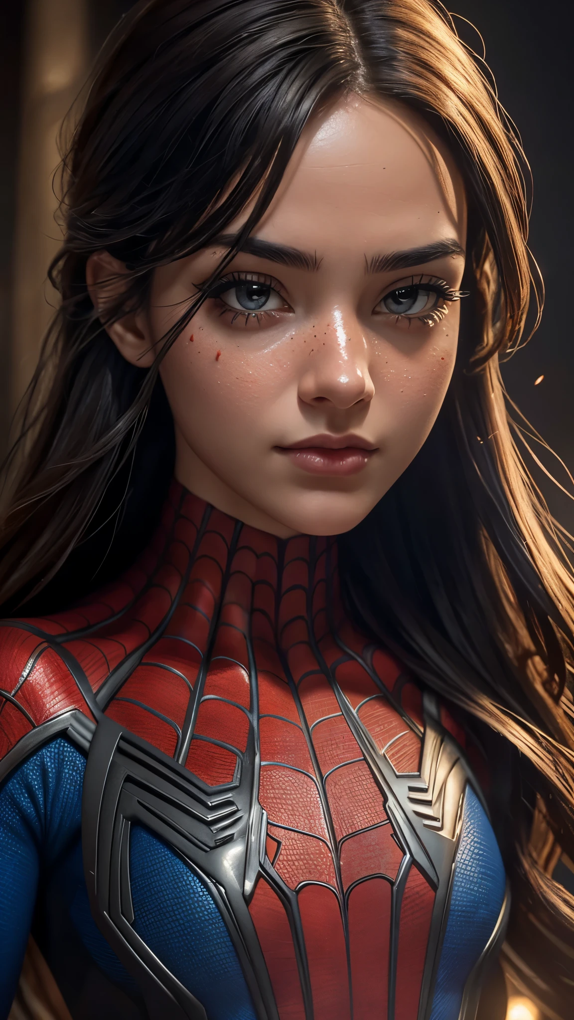 Closeup photo portrait of female Spiderman, atmospheric scene, masterpiece, best quality, (detailed beautiful face, detail skin texture, ultra-detailed body:1.1),