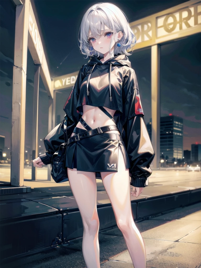 crop top, hoodie, mini skirt, absurdres, RAW photo, extremely delicate and beautiful, masterpiece, Best Quality, ultra high resolution, 32k, hyperrealistic, ultra-detailed, detailed description, pale skin, 20 years old, tearful mole, earring, short medium hair, wavy hair, full body shot,